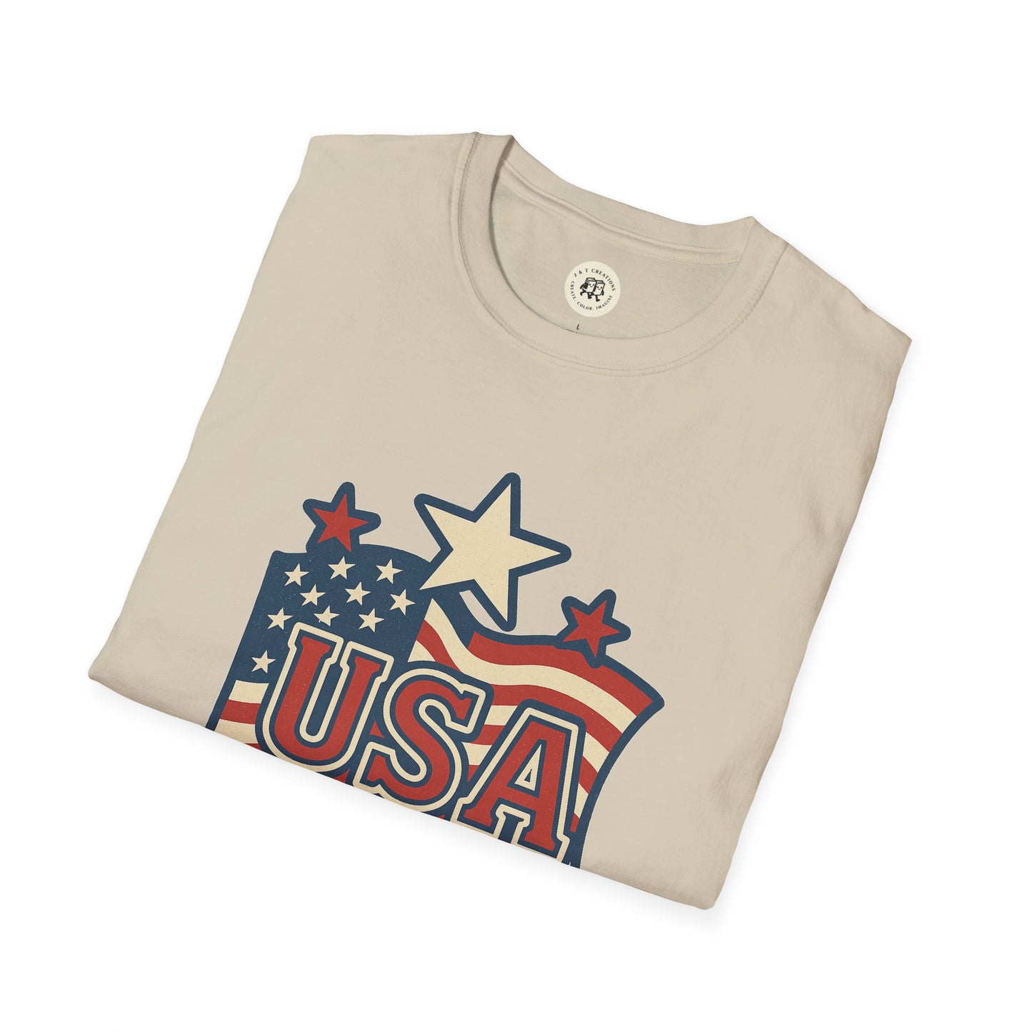 Printify beige USA flag t-shirt with stars and stripes graphic design folded