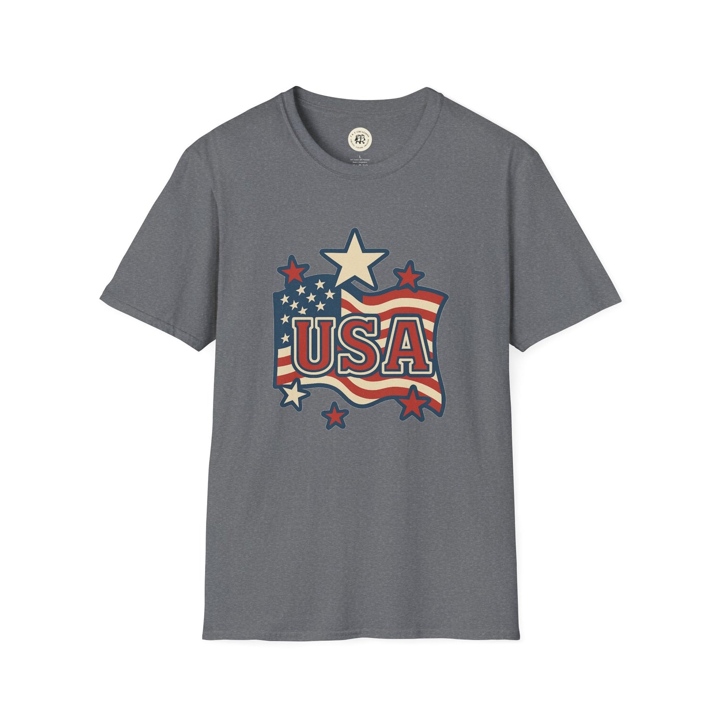 Gray Printify USA flag t-shirt with patriotic stars and stripes graphic design