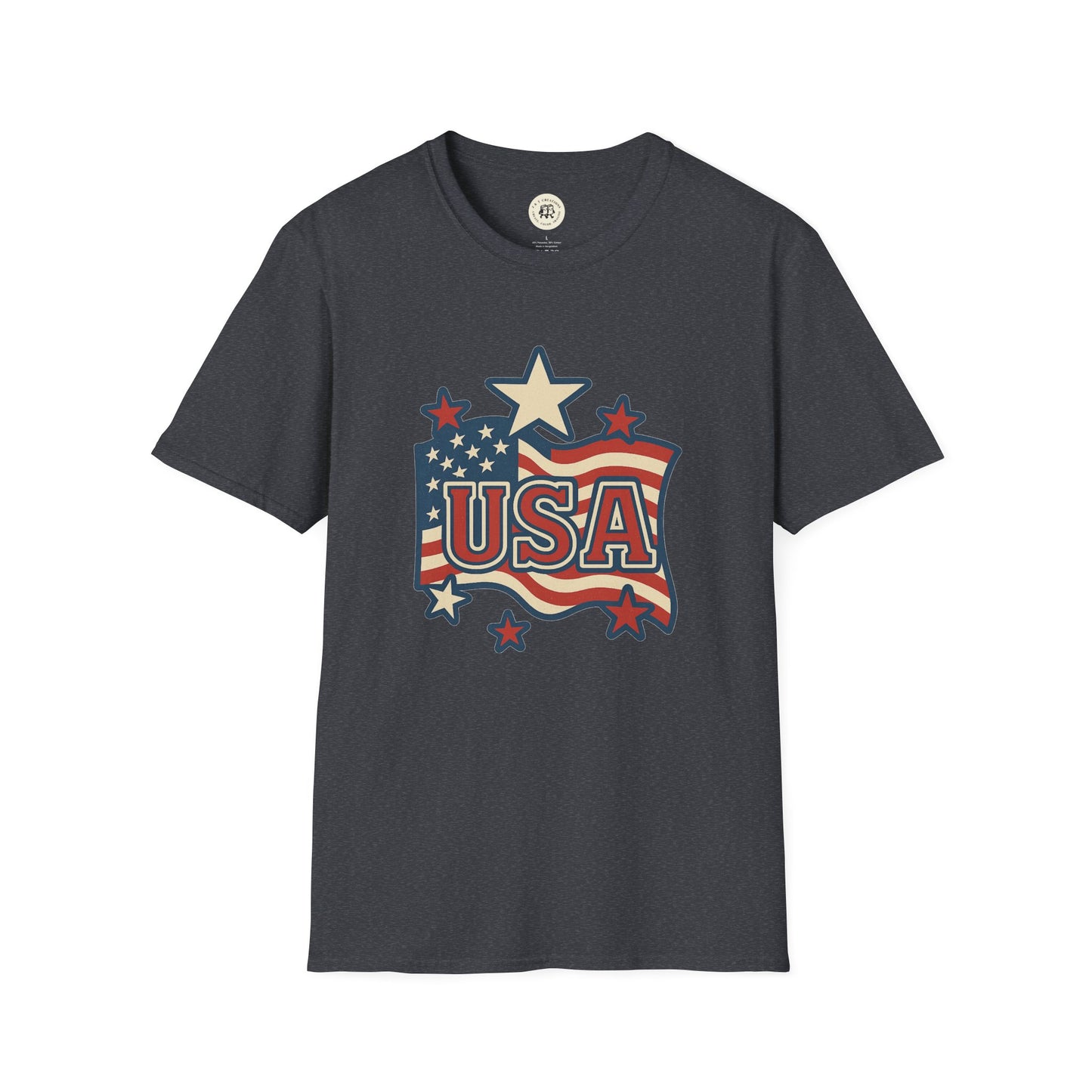 Printify USA flag t-shirt in dark gray with vintage American flag and star graphic design