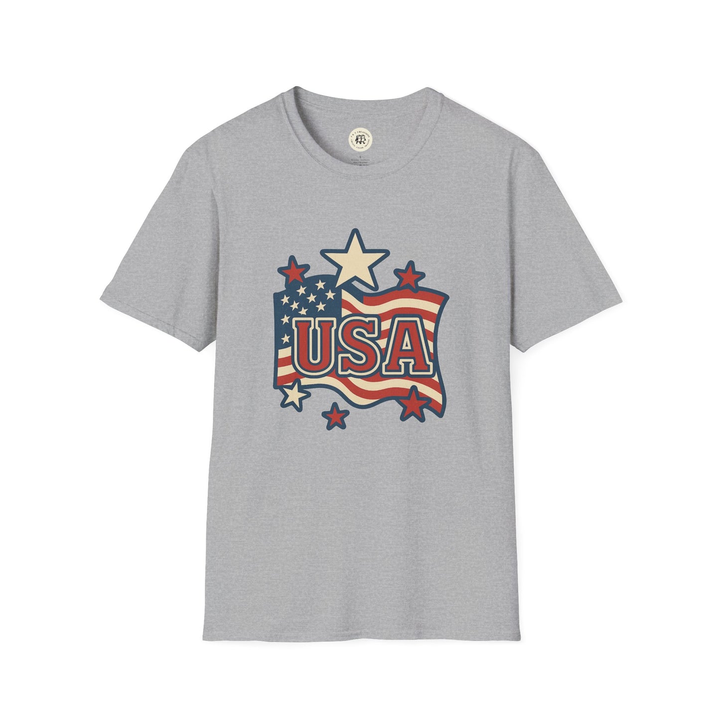 Gray Printify t-shirt featuring USA flag t-shirt design with stars and stripes graphic