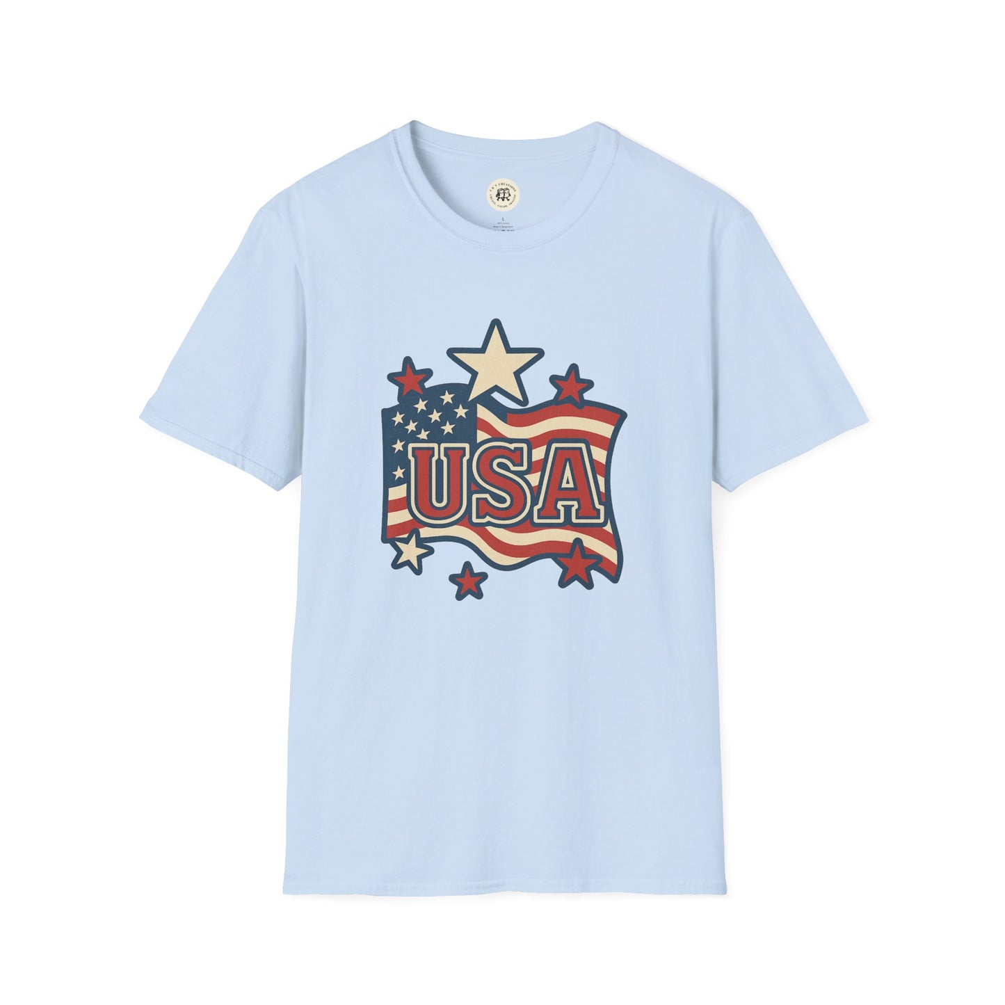 Light blue USA flag t-shirt with stars and striped flag graphic design by Printify