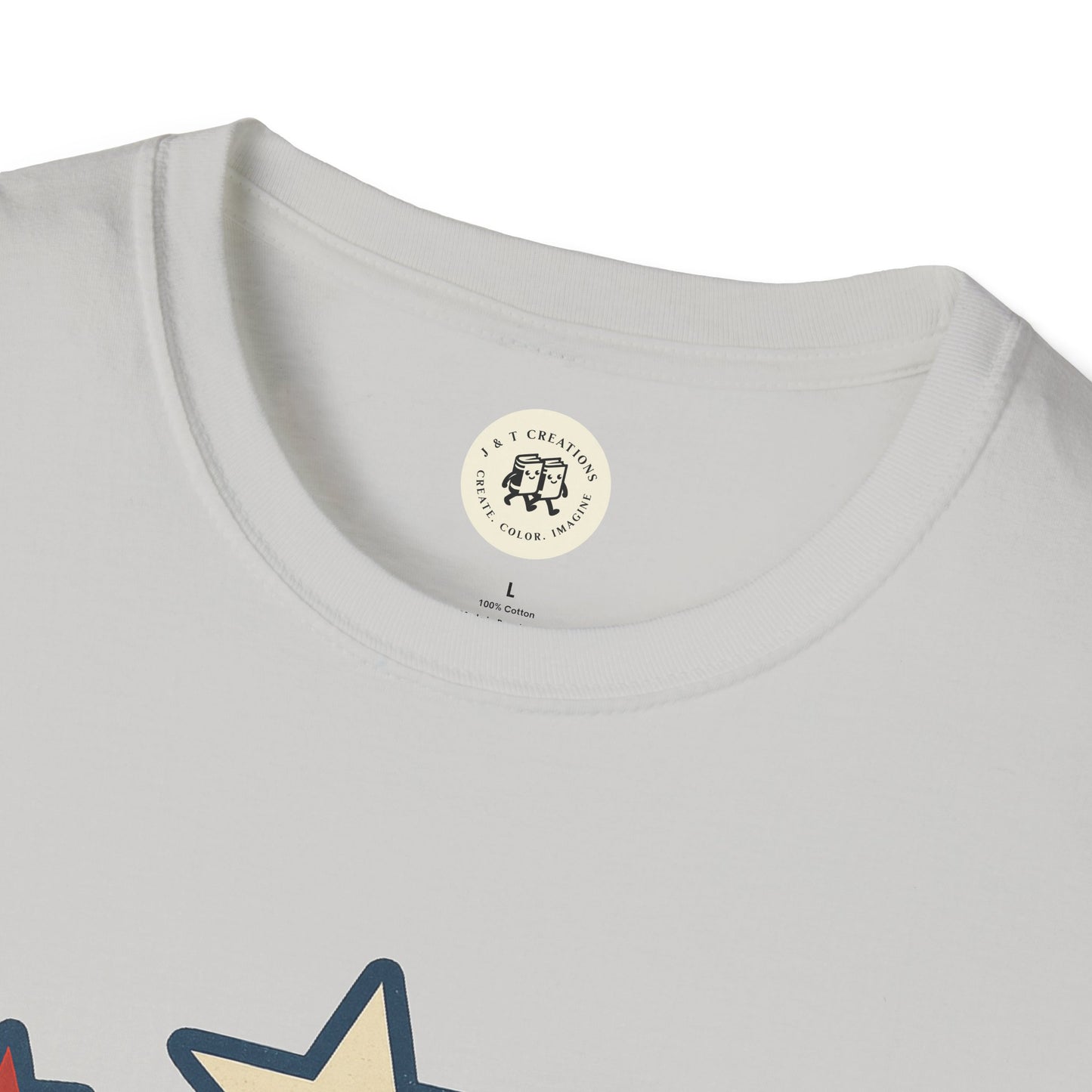 Close-up of Printify USA flag t-shirt with star design on white cotton fabric