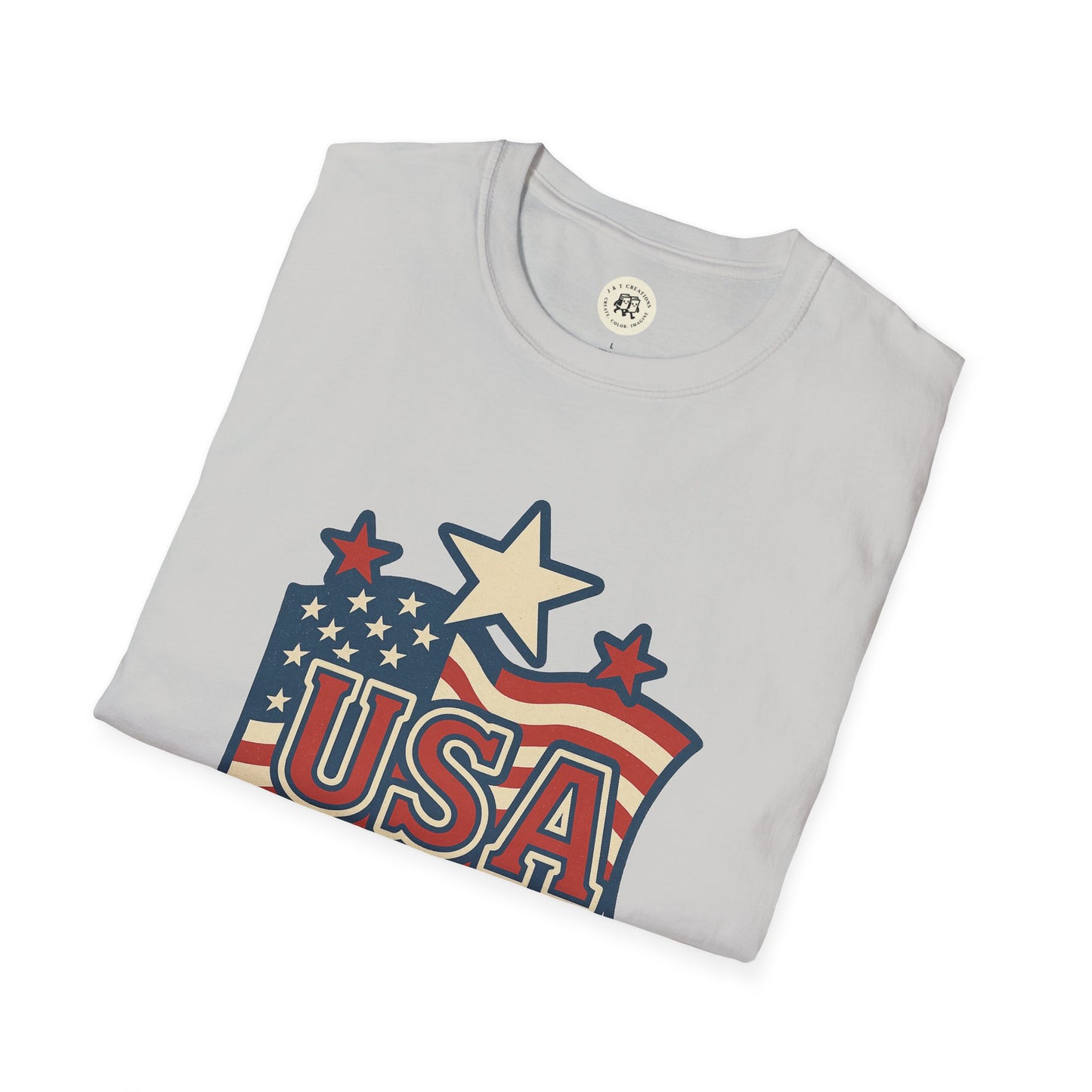 Folded Printify USA flag t-shirt with vintage star and stripes design on white fabric