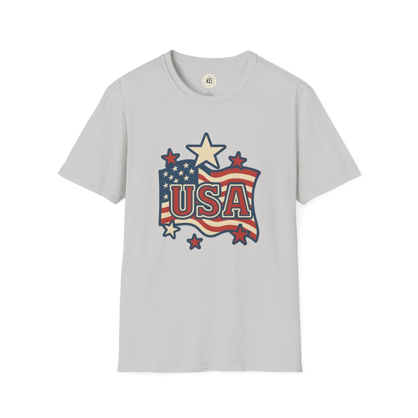 Printify gray USA flag t-shirt with stars and red white blue patriotic design