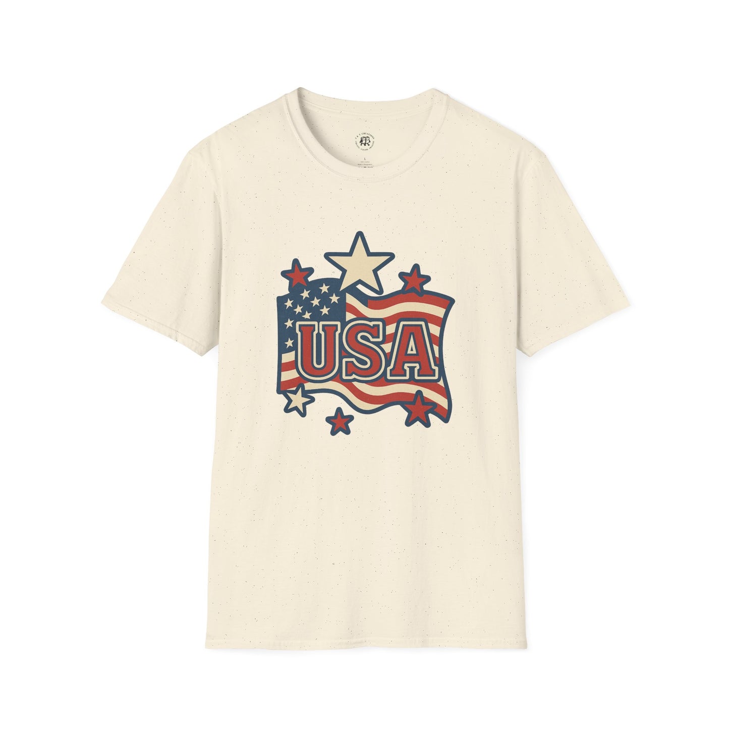 Printify USA flag t-shirt with vintage stars and stripes design on a cream background