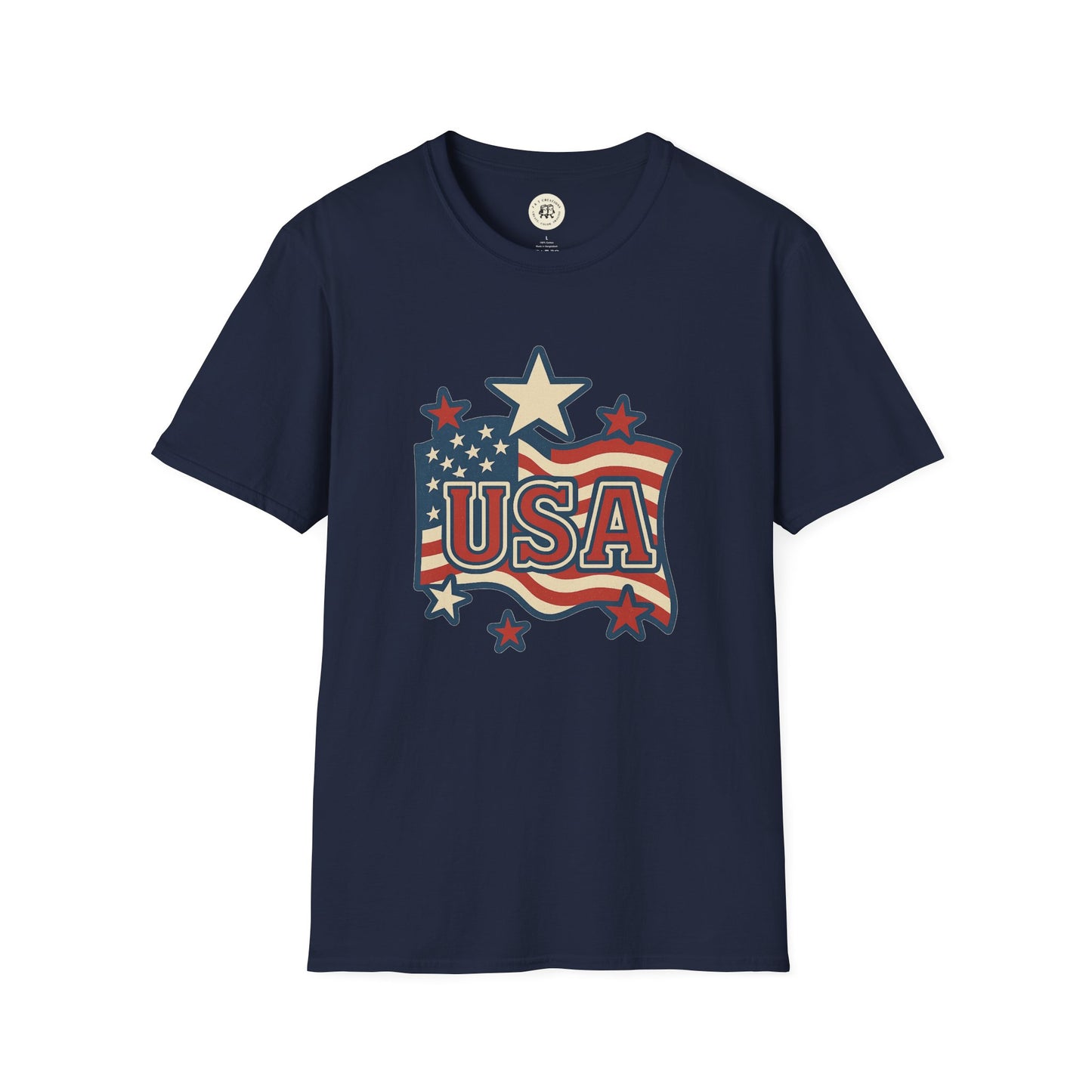 Navy blue USA flag t-shirt with vintage American flag and star design by Printify