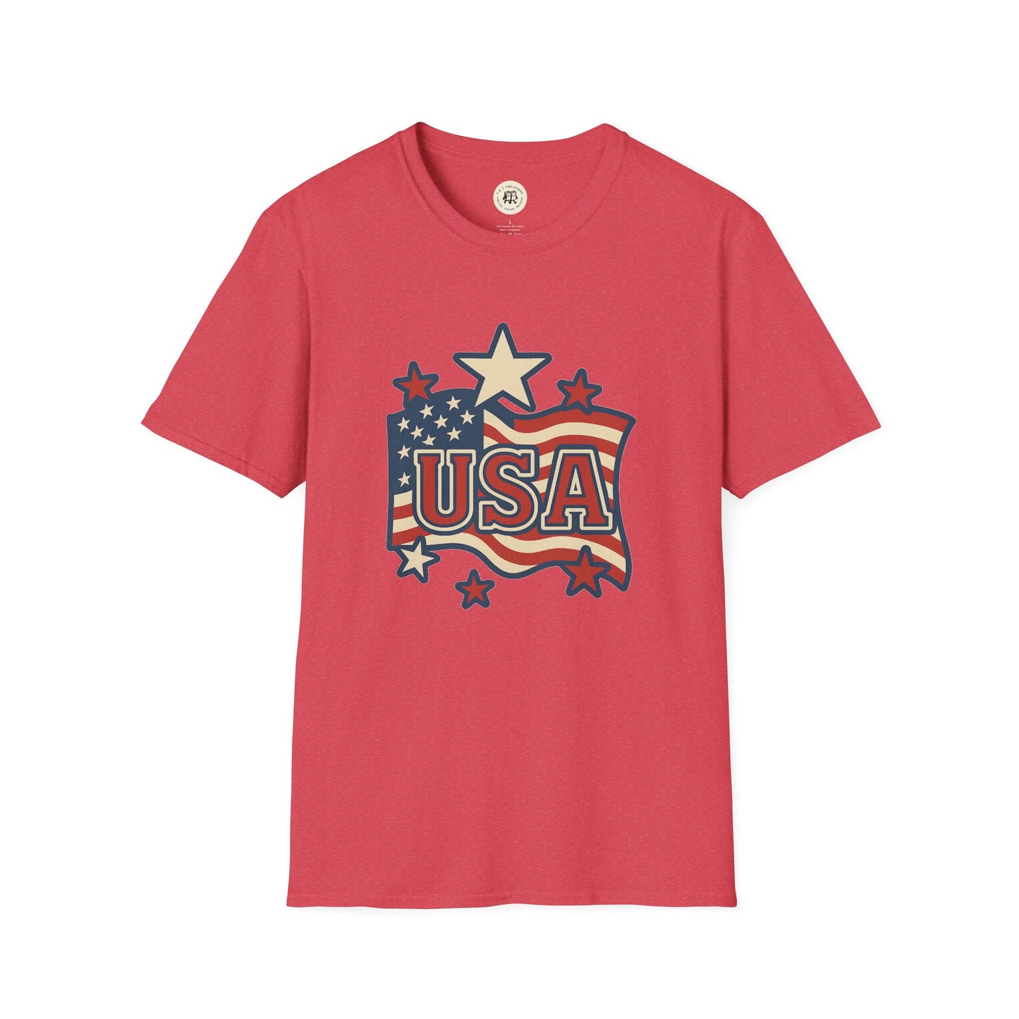 Printify red T-shirt featuring USA flag t-shirt design with stars and stripes graphic