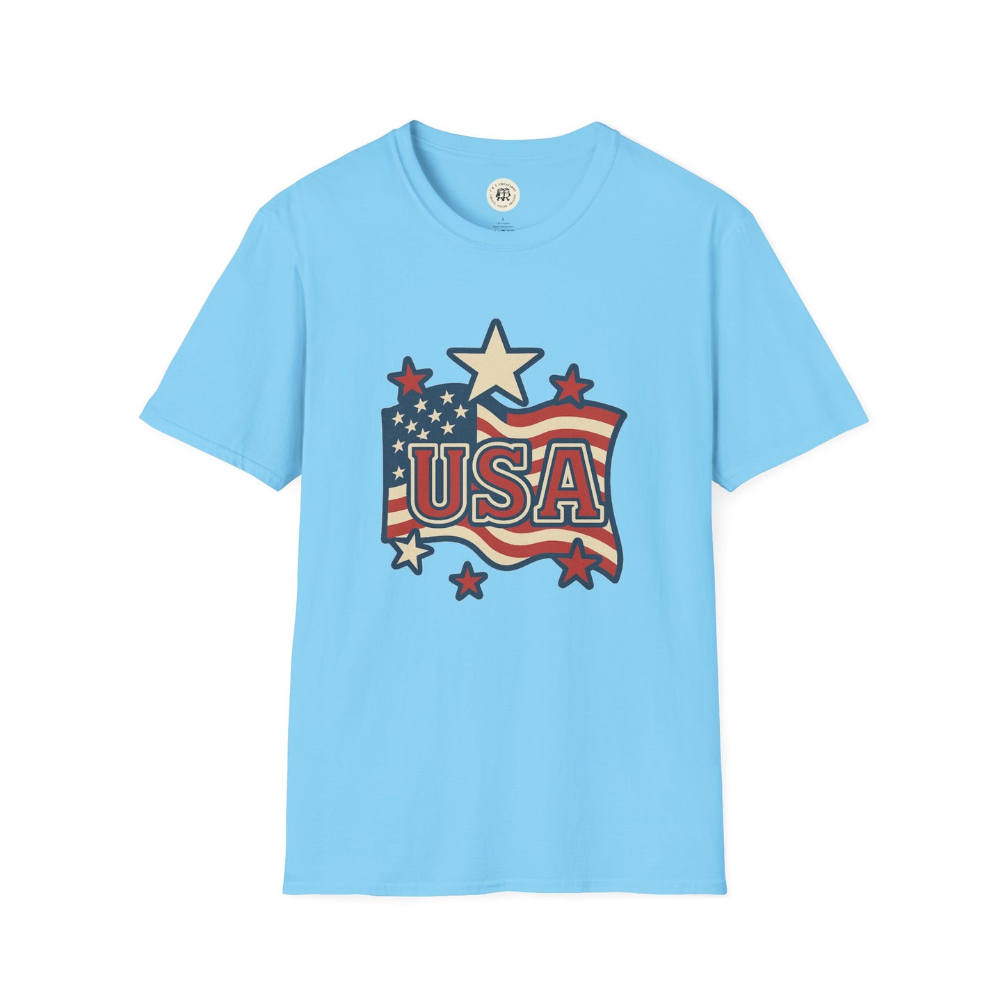 Light blue Printify USA flag t-shirt with patriotic stars and stripes graphic design
