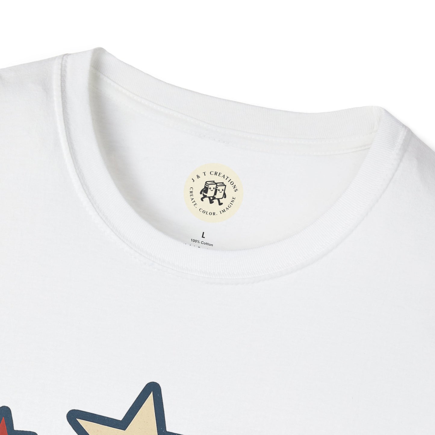 Printify white USA flag t-shirt close-up with star graphic and round neckline