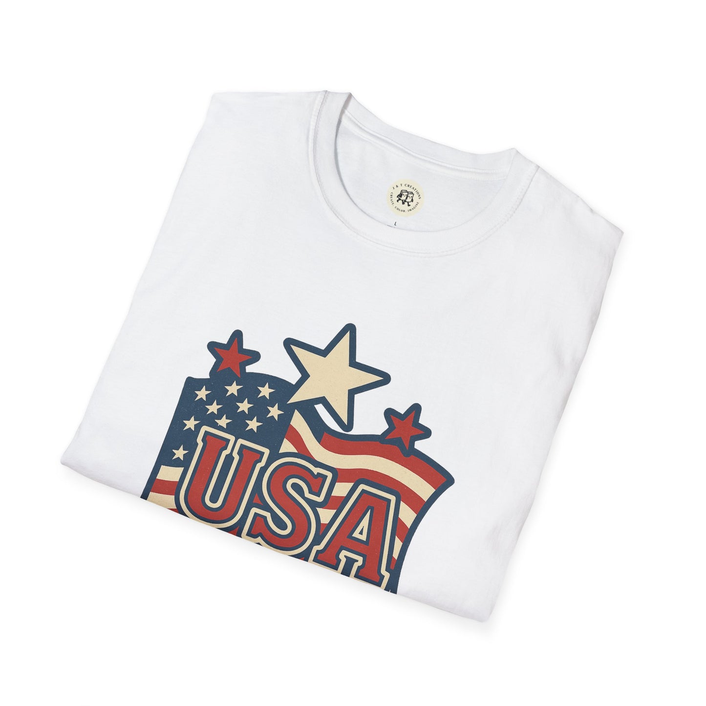 Printify white USA flag t-shirt with stars and stripes graphic design folded
