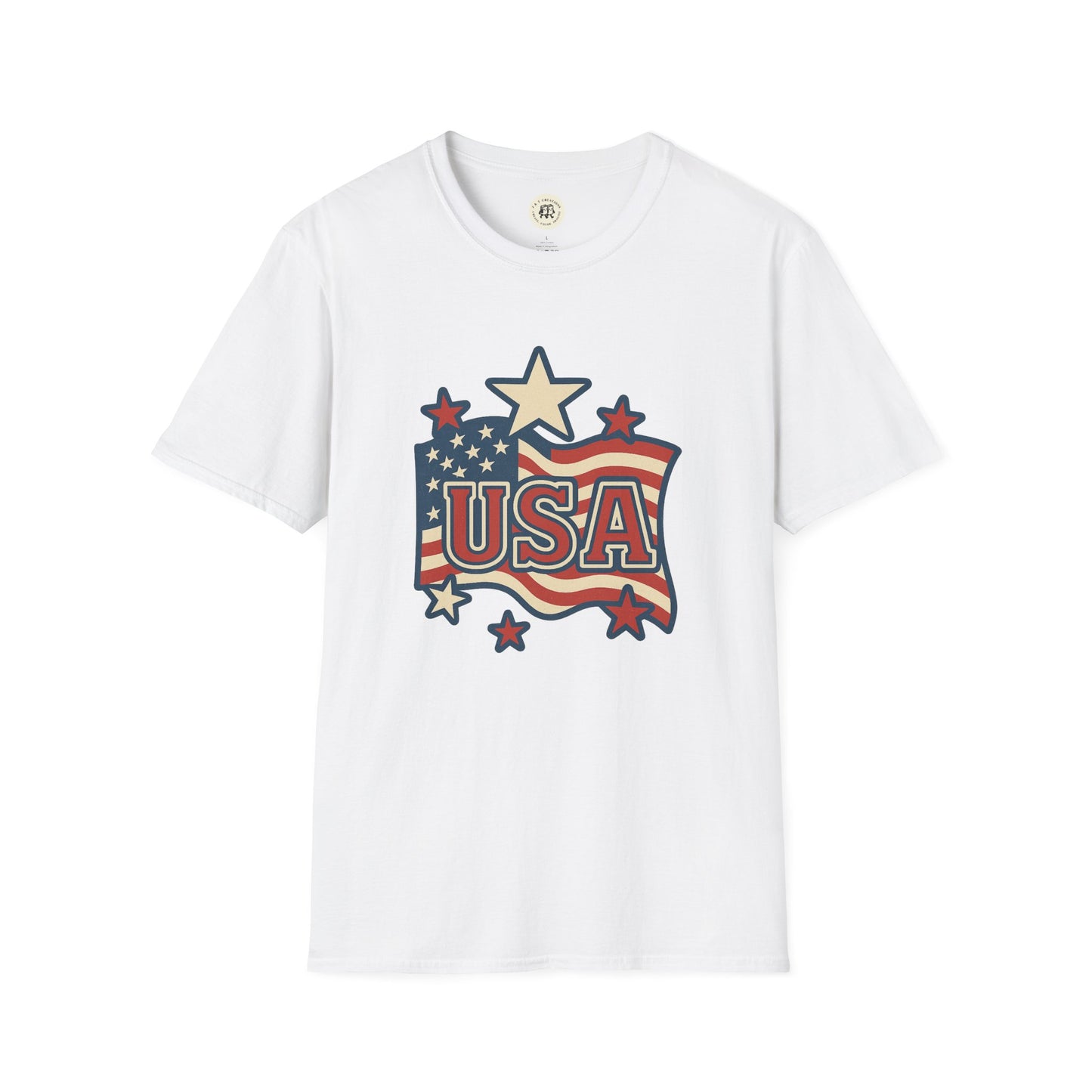 White Printify USA flag t-shirt with vintage stars and stripes graphic design