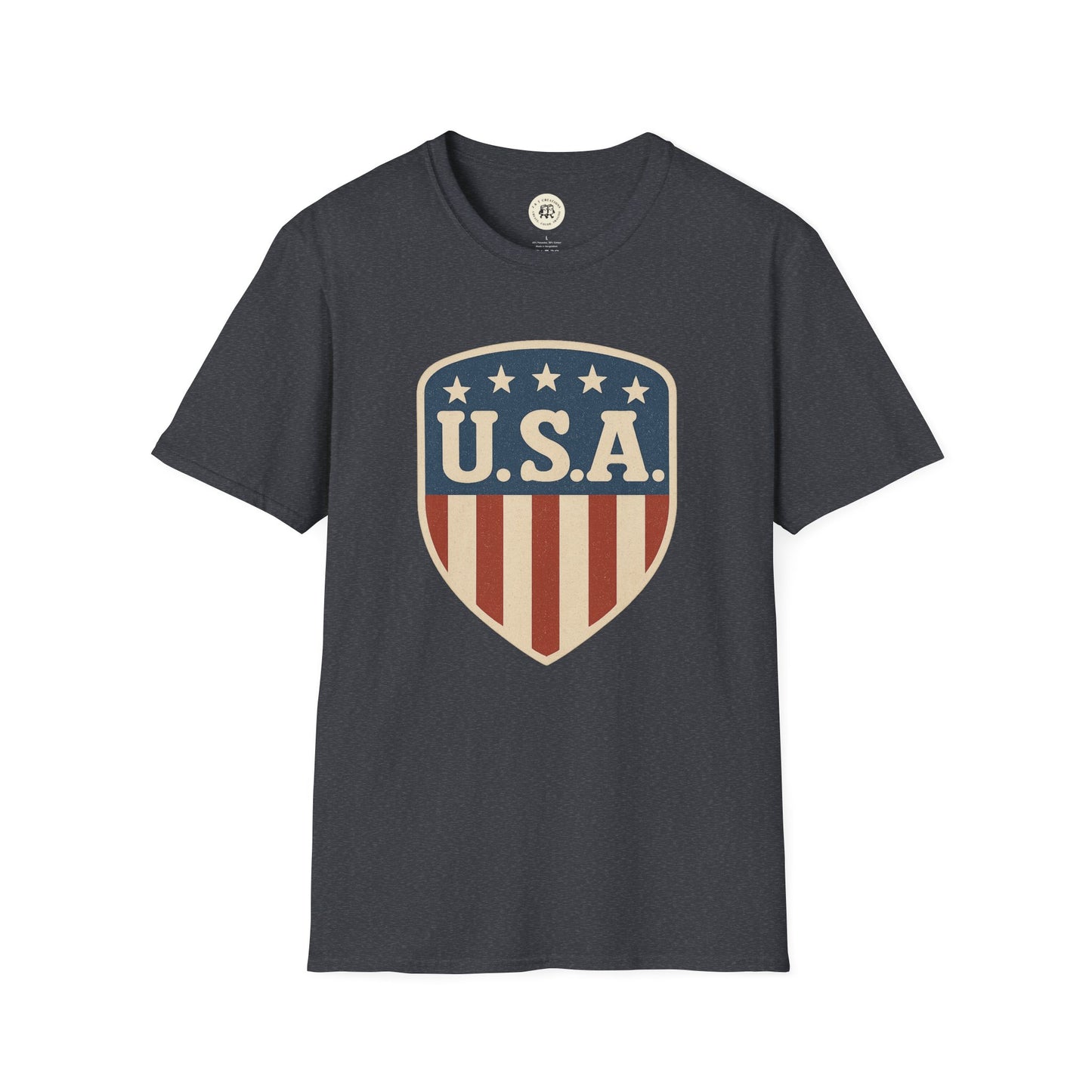 Printify USA shield t-shirt with vintage patriotic design on dark gray short sleeve cotton tee