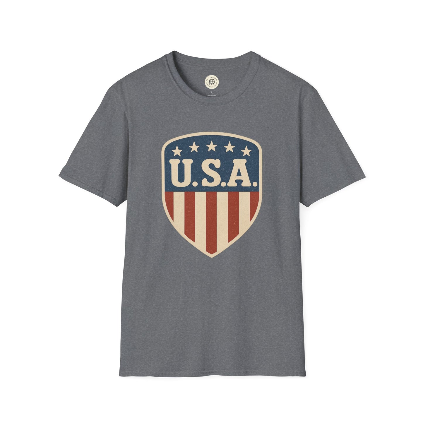 Printify gray USA shield t-shirt with patriotic stars and stripes shield graphic on front