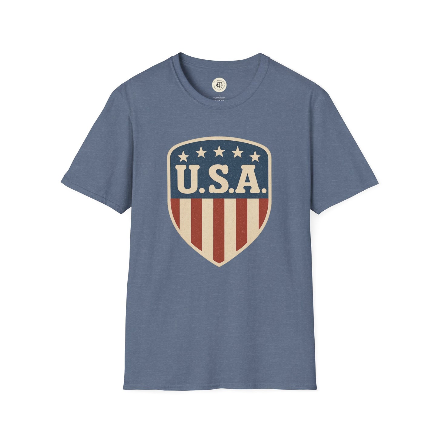Printify USA shield t-shirt in blue with patriotic stars and stripes design on front