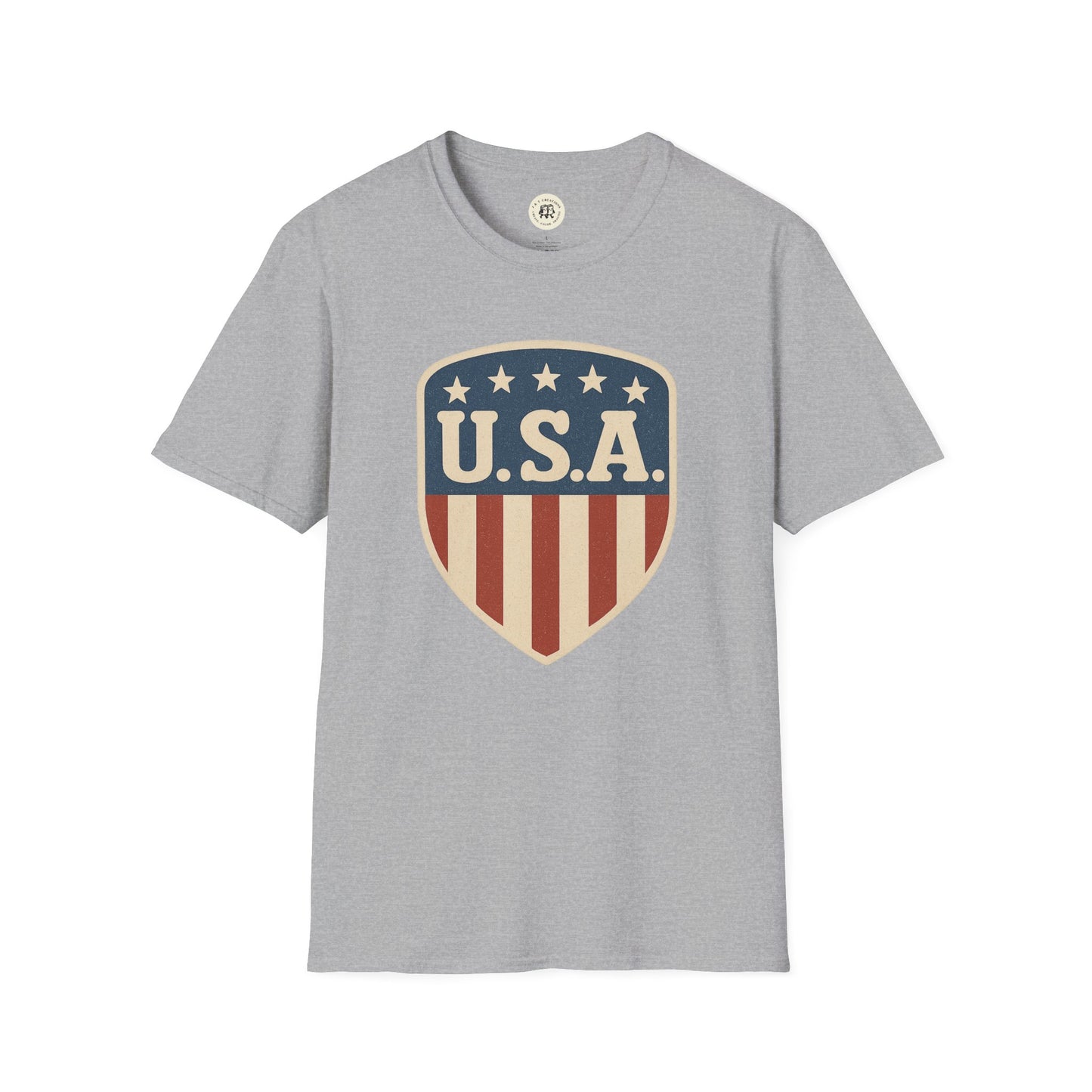 Gray Printify USA shield t-shirt with vintage American flag-inspired design and stars