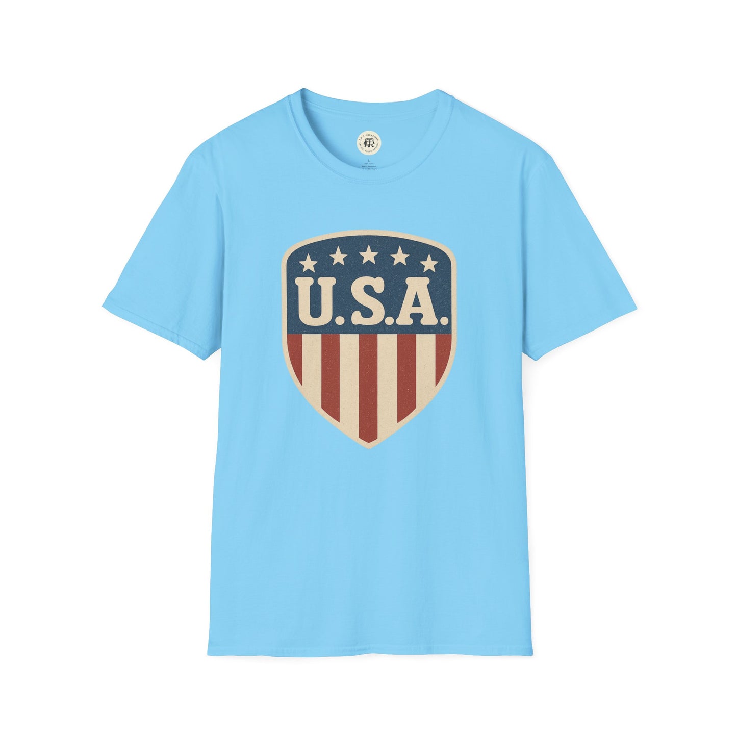 Light blue Printify USA shield t-shirt with vintage red and beige stripes and stars design