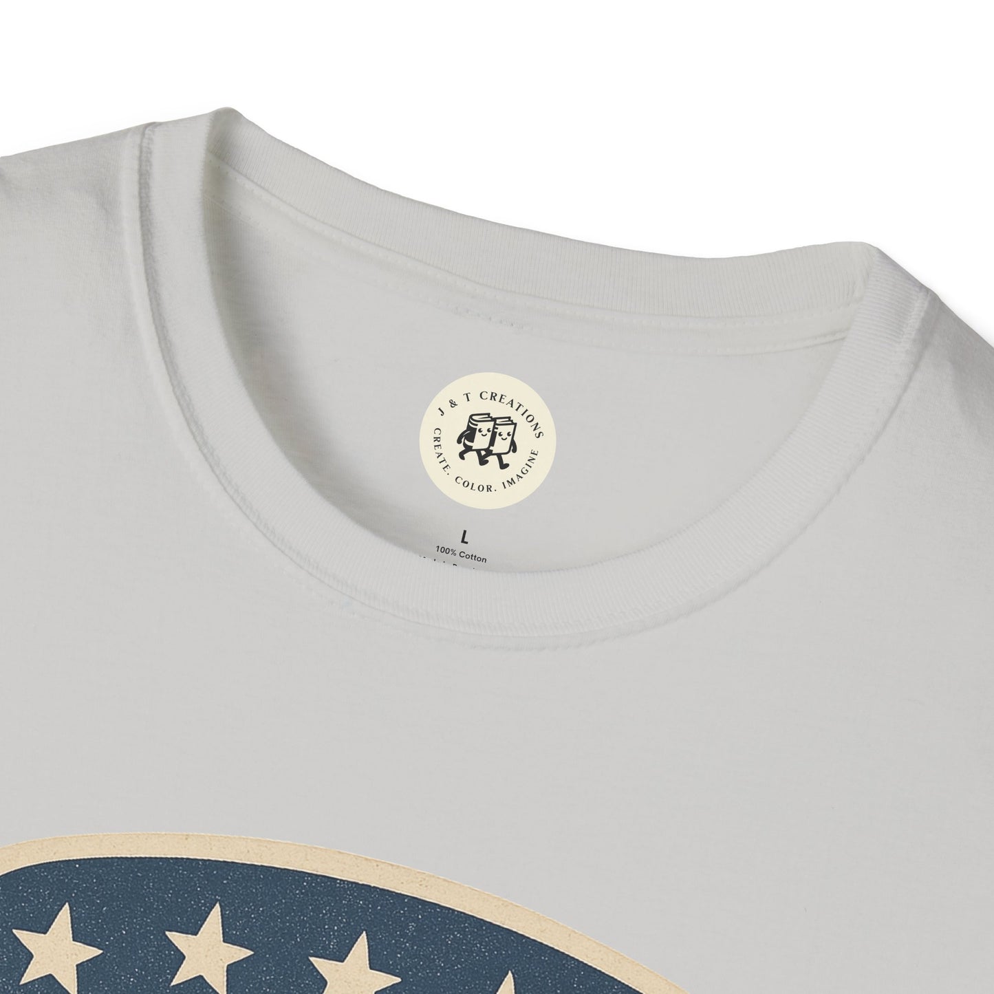 White Printify USA shield t-shirt with round neckline and star pattern design