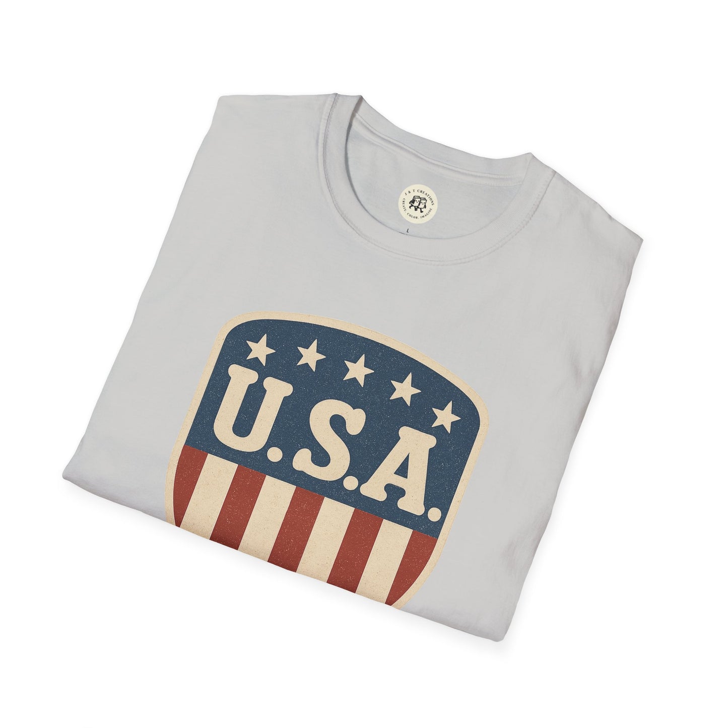 Printify USA shield t-shirt in light gray with vintage American flag design and stars