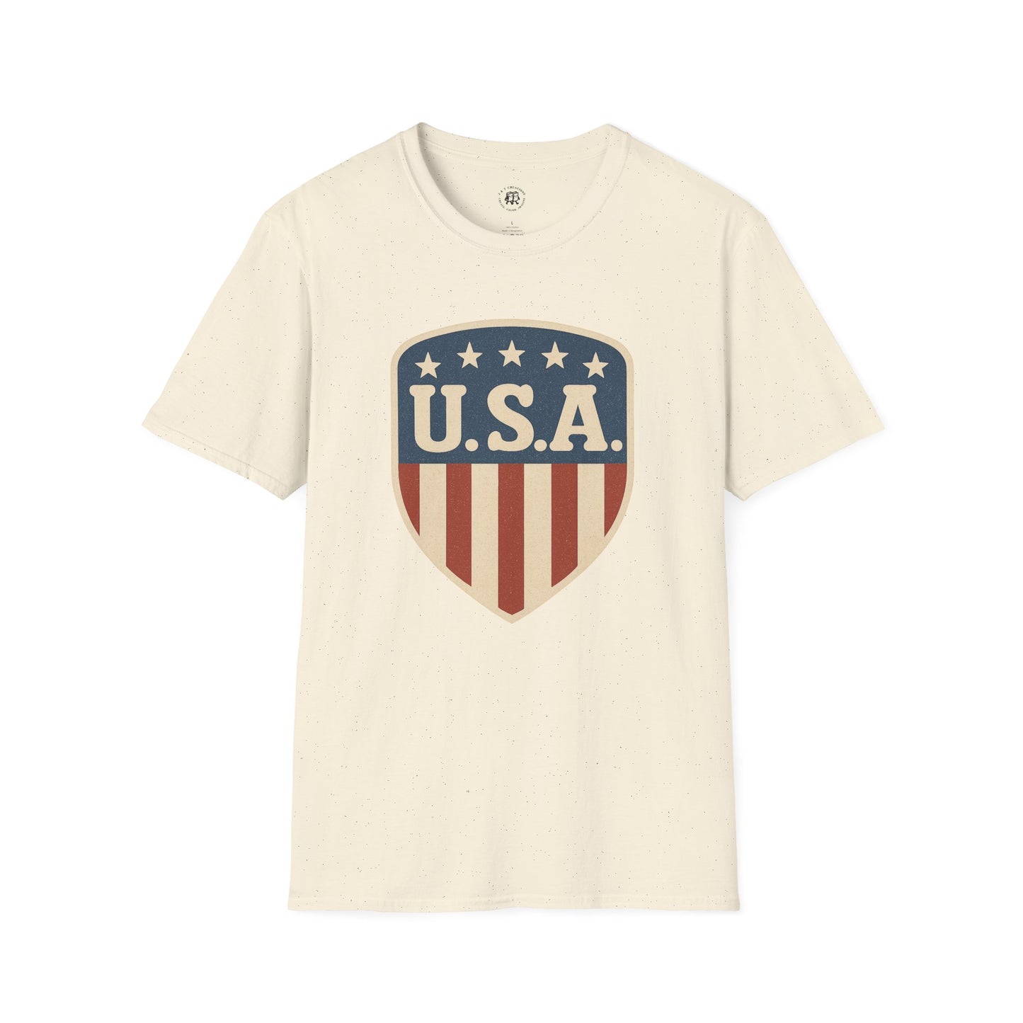 Printify USA shield t-shirt in cream featuring a vintage red white and blue patriotic shield design