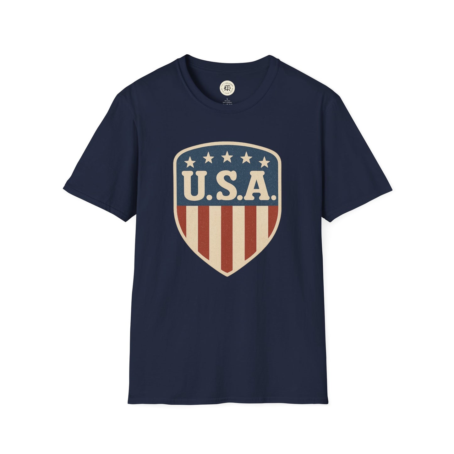 Navy blue USA shield t-shirt with vintage shield design featuring stars and stripes