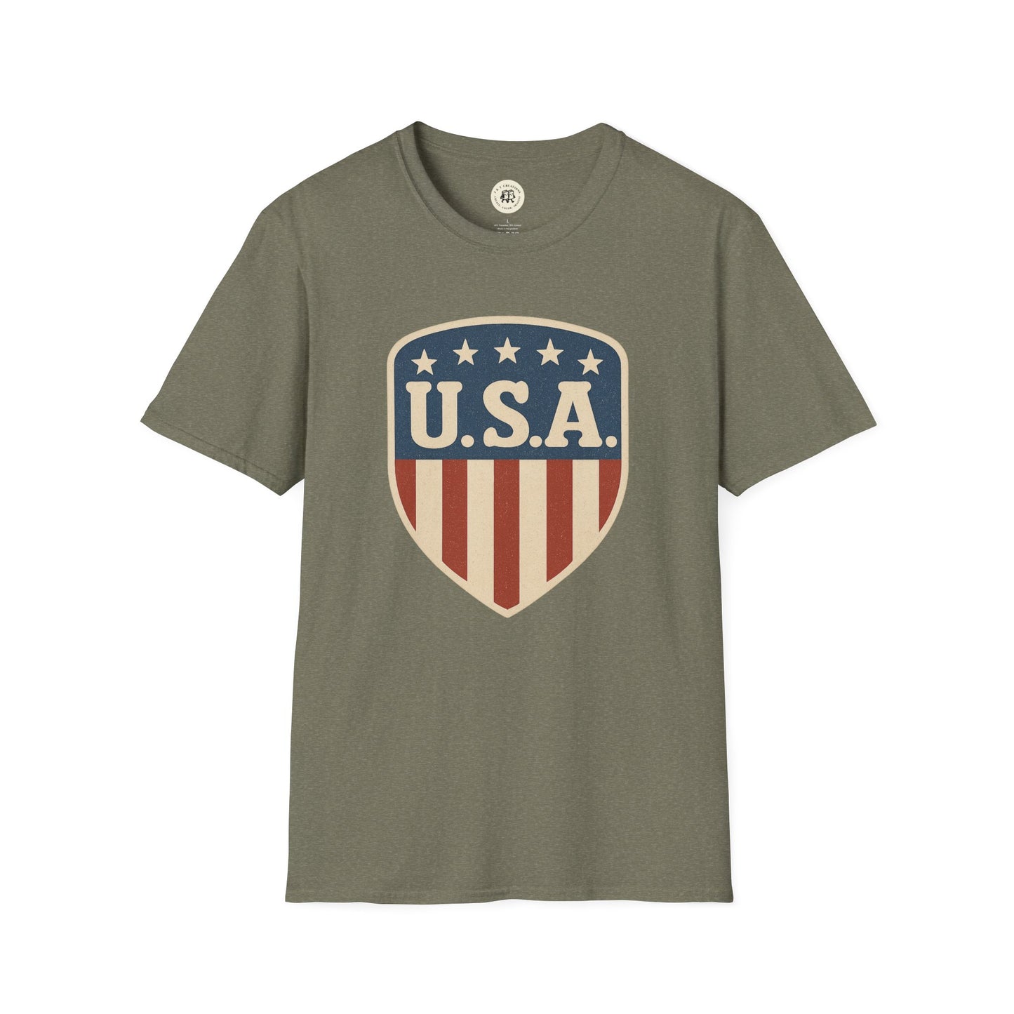 Printify USA shield t-shirt in olive green with vintage American flag-inspired design