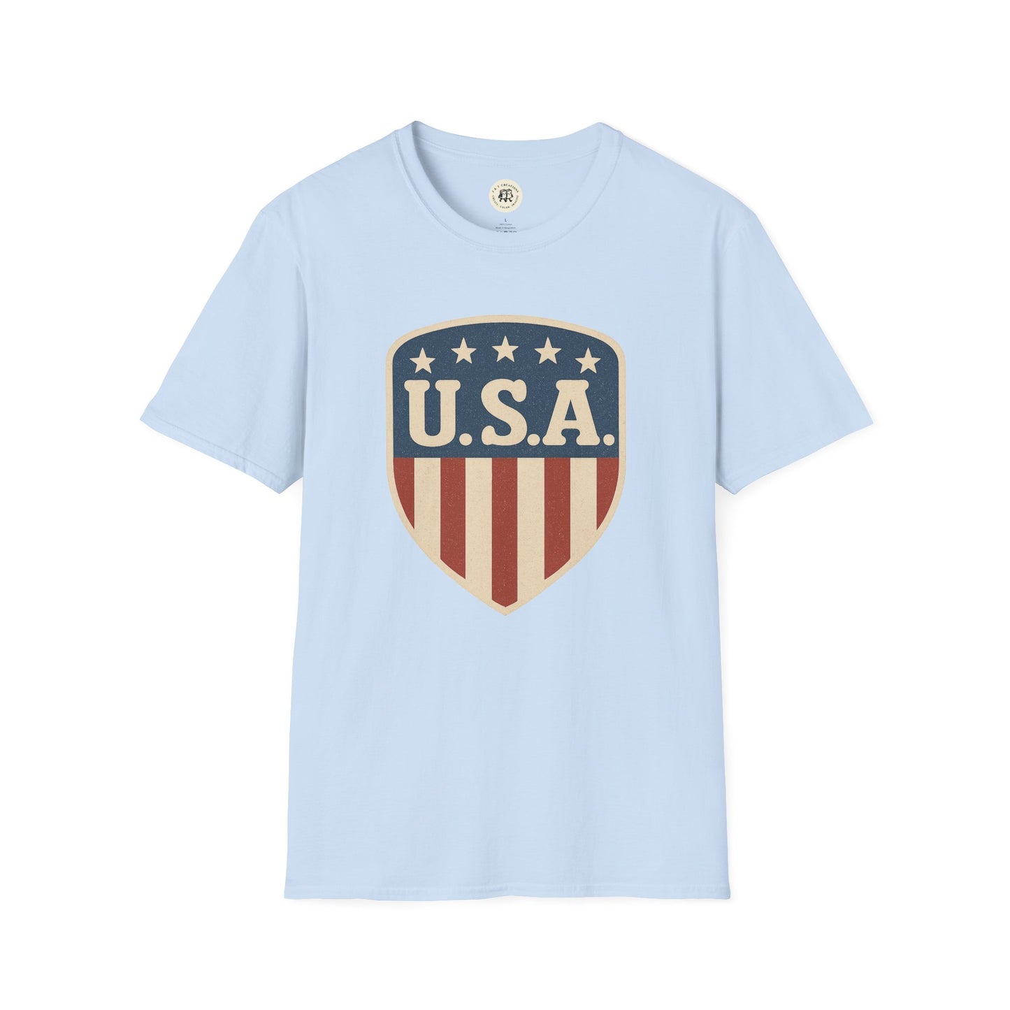Light blue Printify USA shield t-shirt with vintage stars and stripes design on front