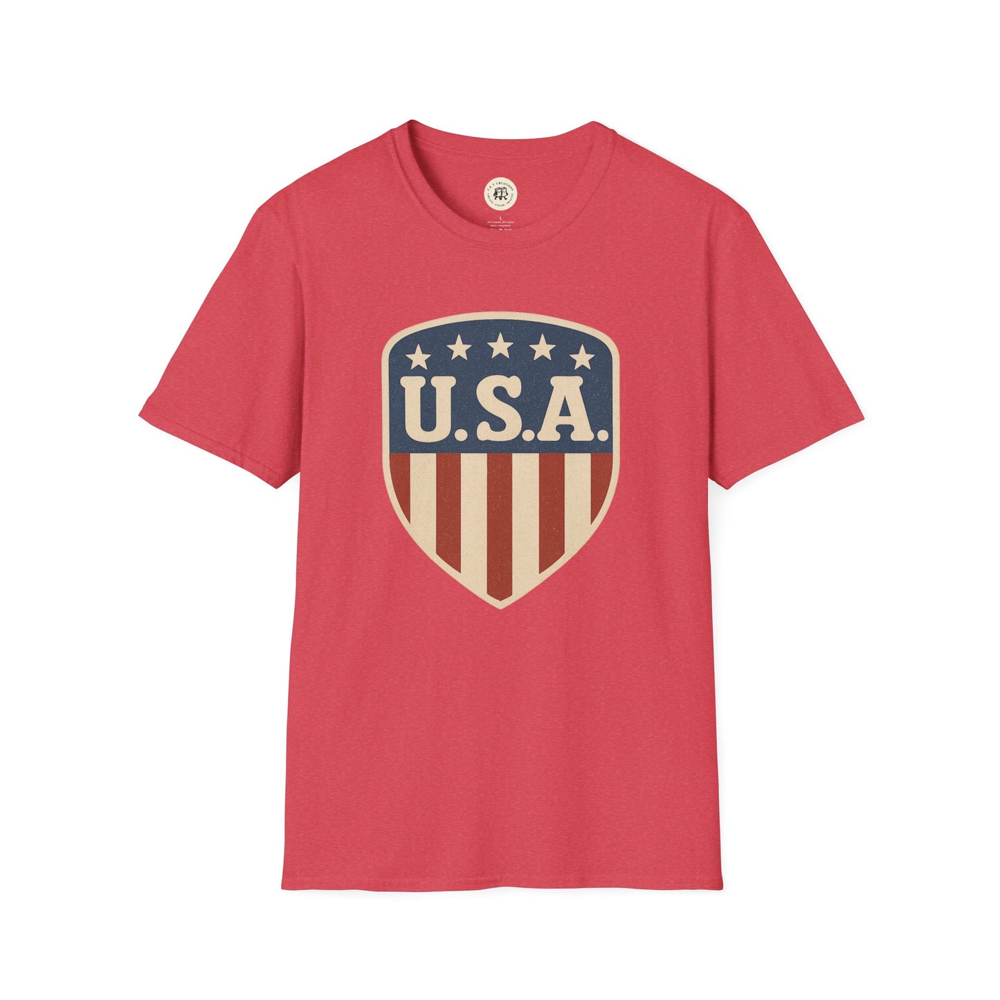 Red Printify USA shield t-shirt with patriotic shield design featuring stars and stripes