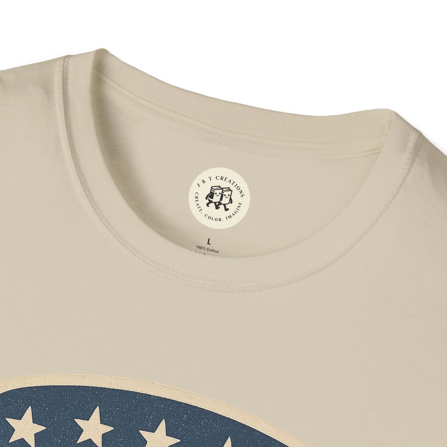 Close-up of Printify cream USA shield t-shirt collar and partial star design