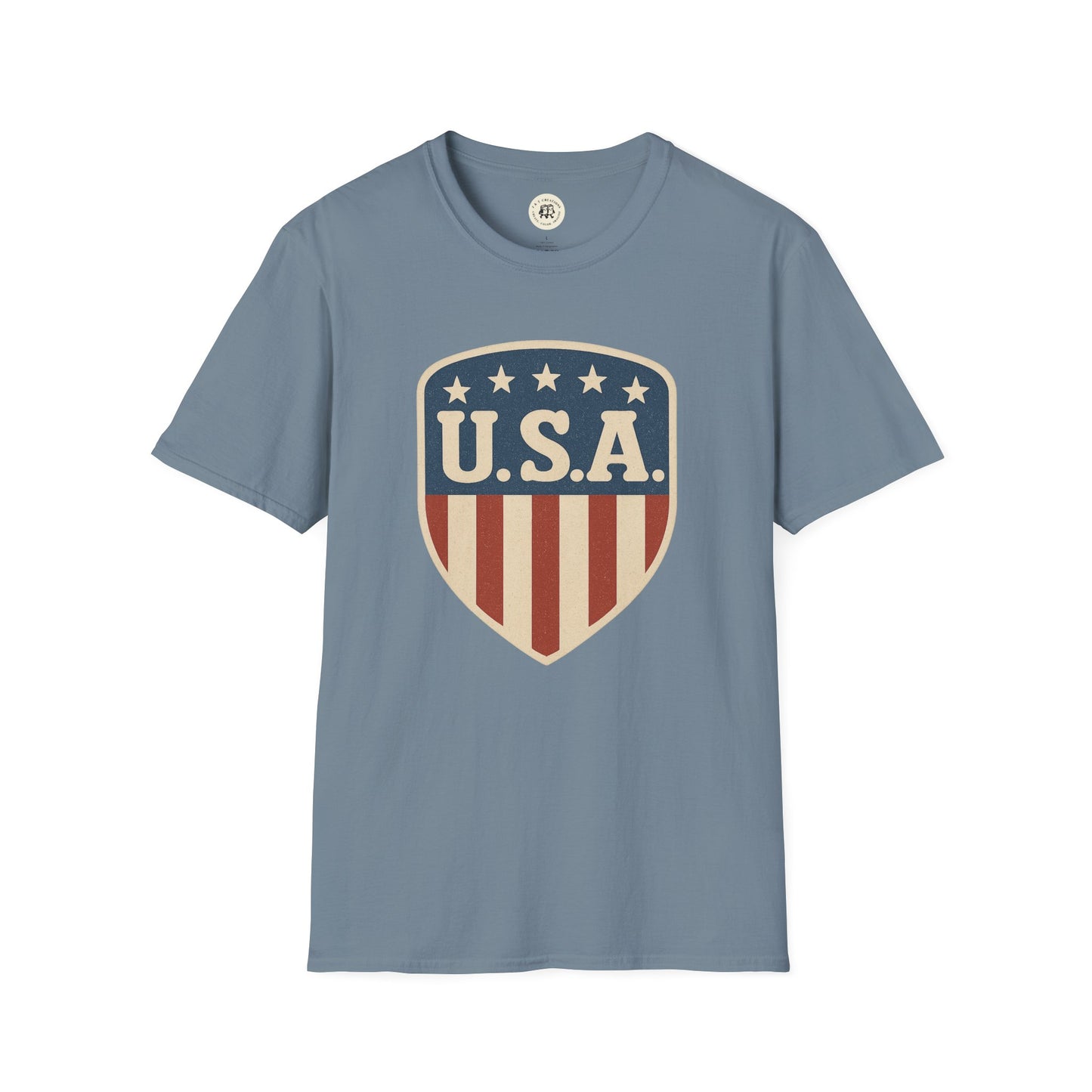 Printify USA shield t-shirt in blue with vintage stars and stripes patriotic design