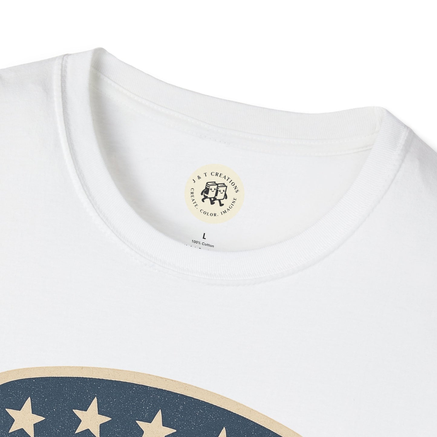 Close-up of white USA shield t-shirt by Printify featuring blue and beige star design on cotton fabric