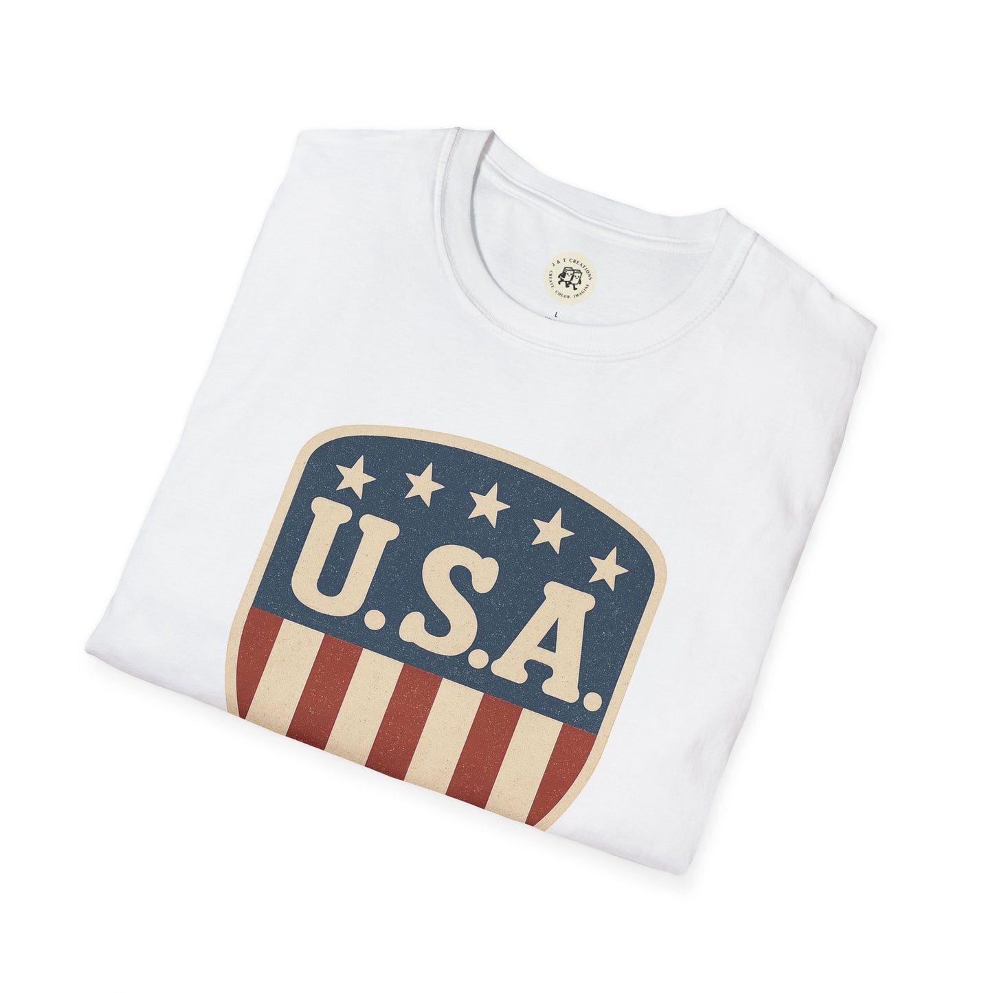White Printify USA shield t-shirt with stars and stripes patriotic design folded neatly