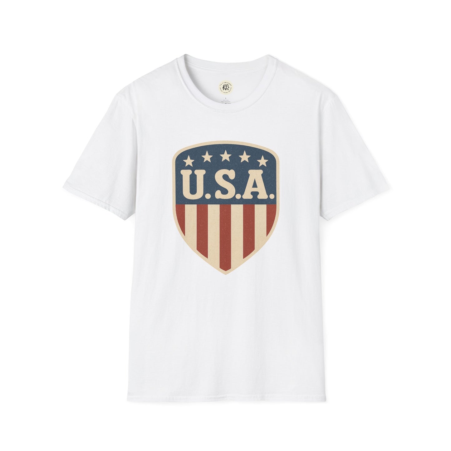White Printify T-shirt with vintage USA shield t-shirt design in red, white, and blue colors