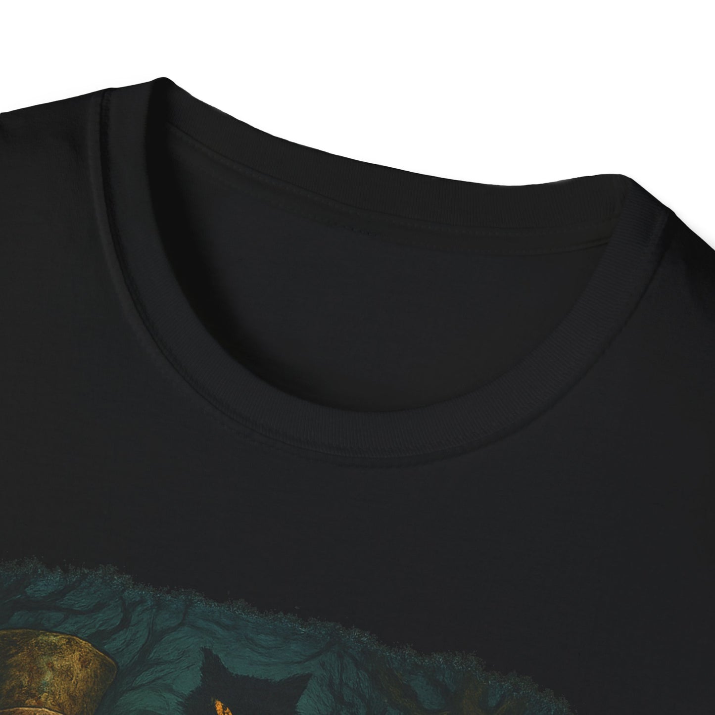 Black Printify T-shirt featuring a creepy Alice in Wonderland t-shirt design with dark artistic elements