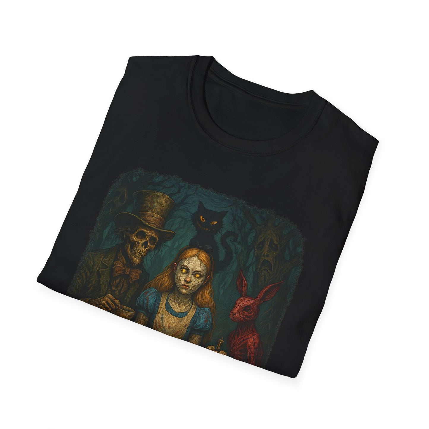 Black creepy Alice in Wonderland t-shirt with spooky characters including Alice, skeleton, cat, and red rabbit