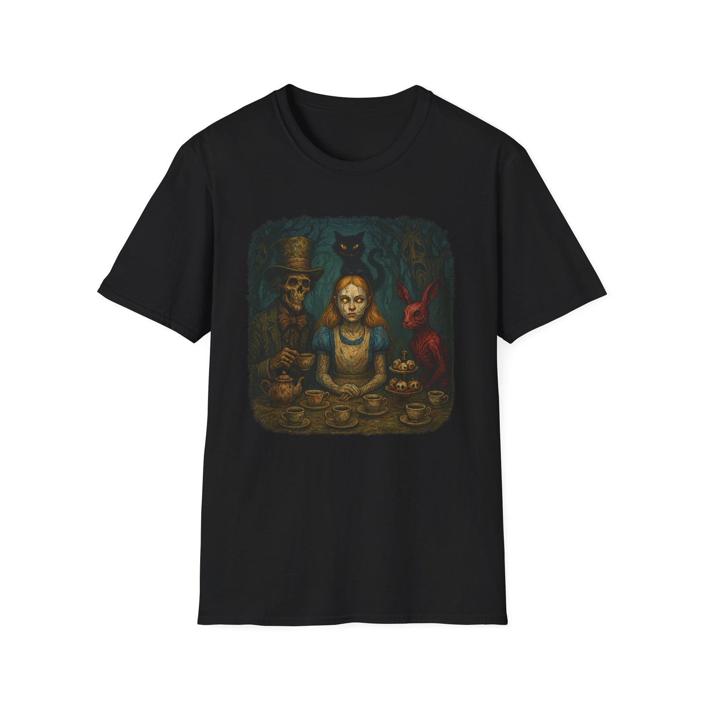 Black creepy Alice in Wonderland t-shirt featuring eerie tea party scene with Alice and dark characters