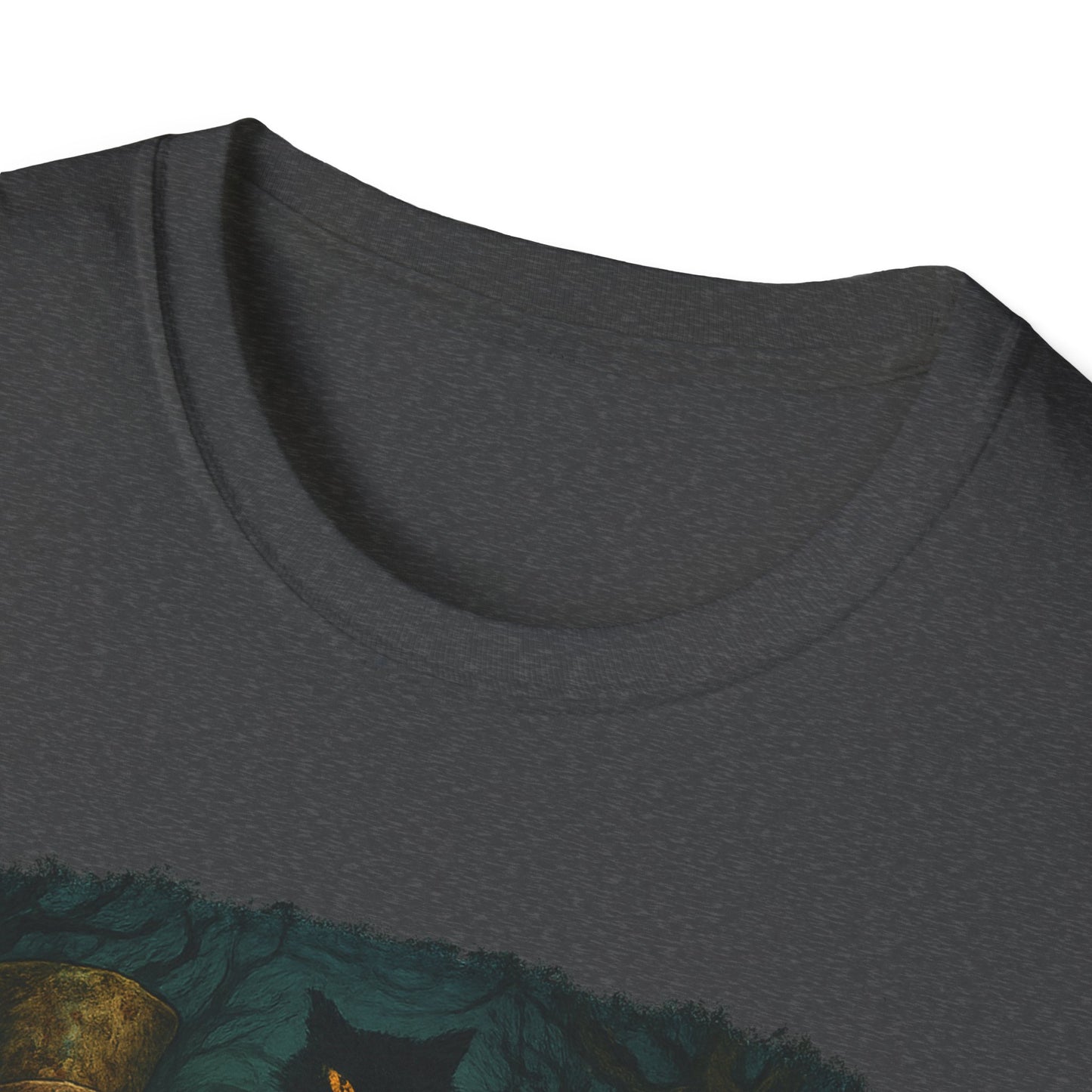 Close-up of dark gray Printify creepy Alice in Wonderland t-shirt with detailed graphic print