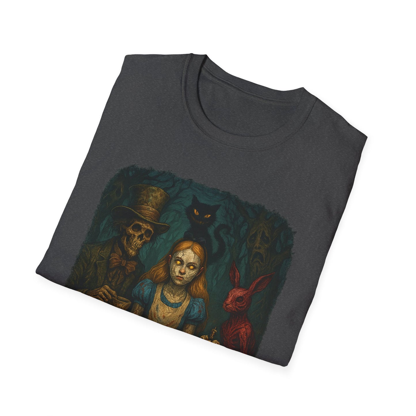Printify creepy Alice in Wonderland t-shirt with dark skeleton and eerie characters design