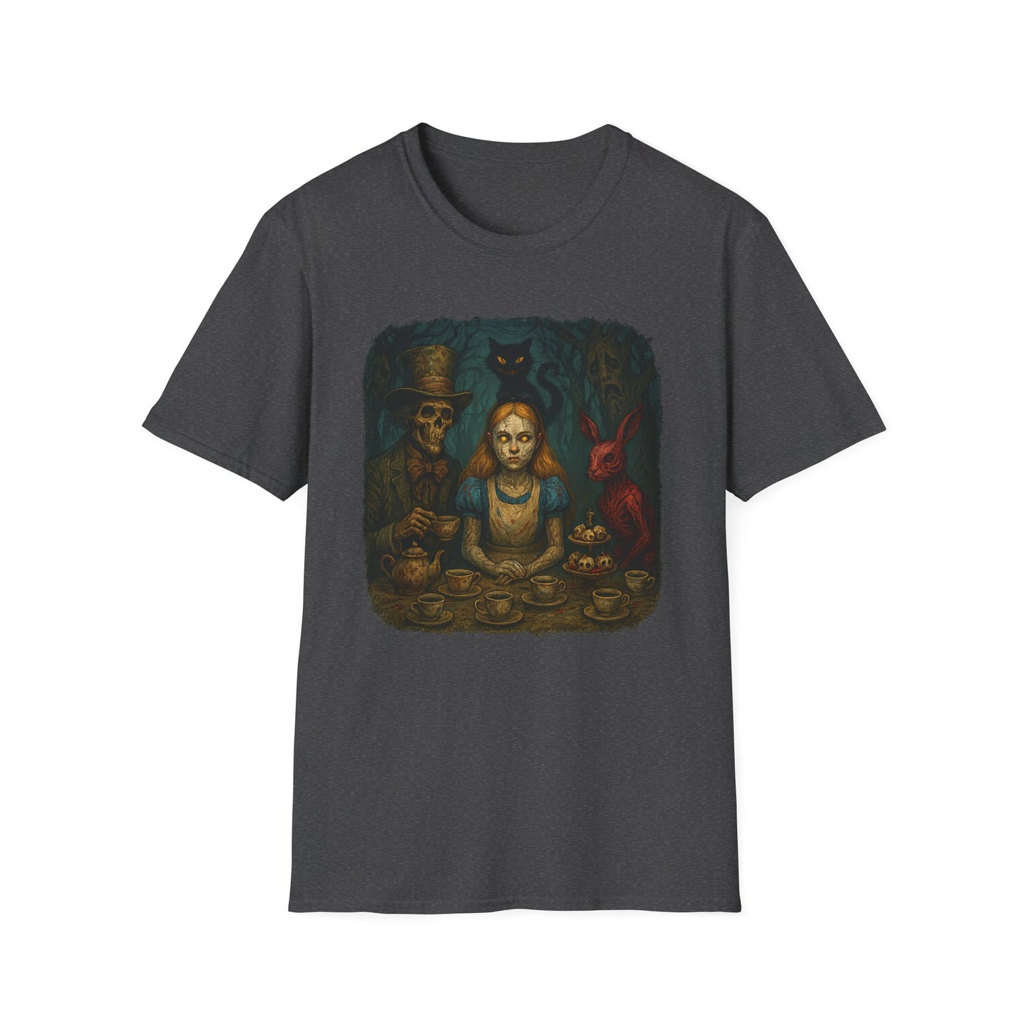 Dark gray creepy Alice in Wonderland t-shirt with eerie Alice and characters tea party design