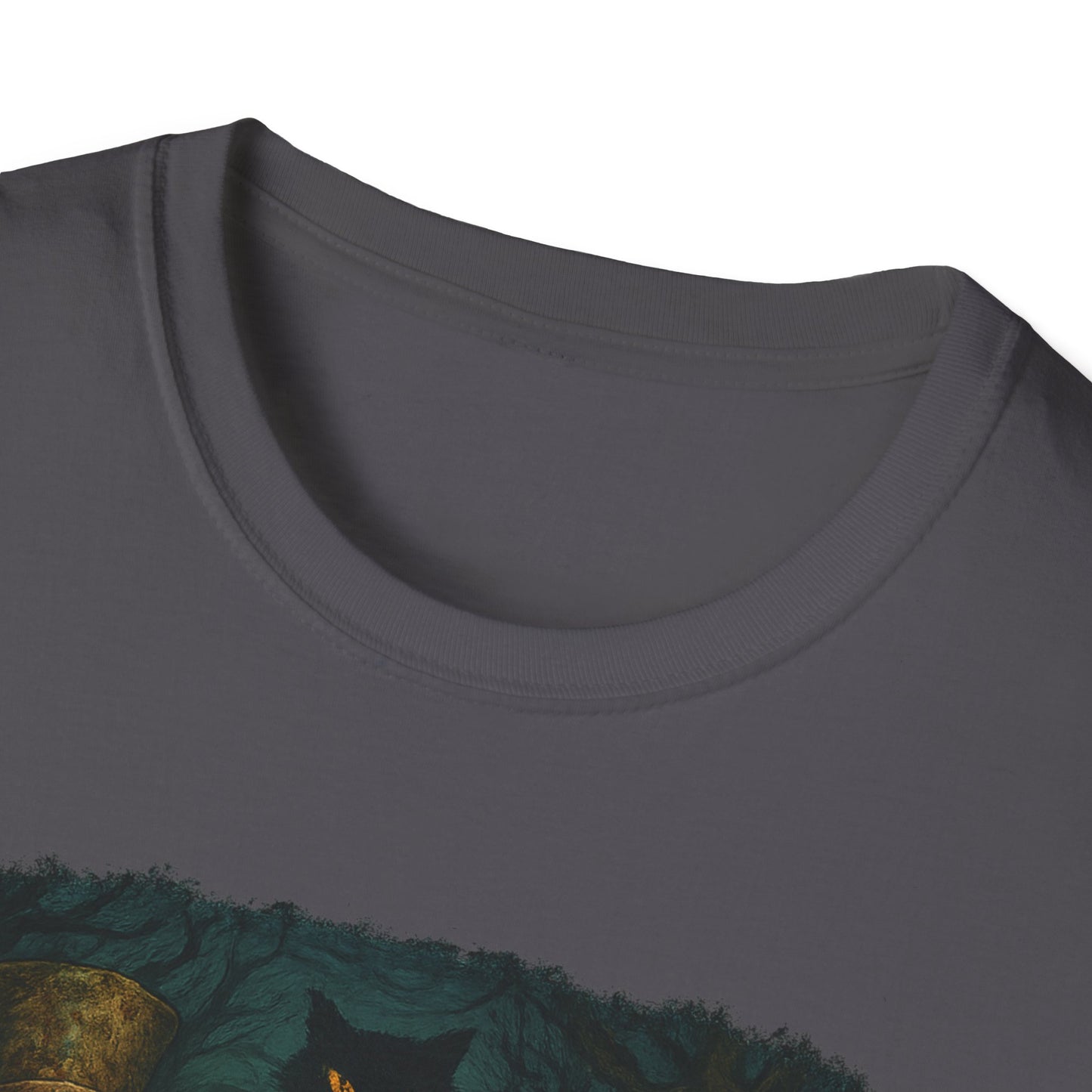 Dark gray creepy Alice in Wonderland t-shirt with detailed spooky design on front by Printify