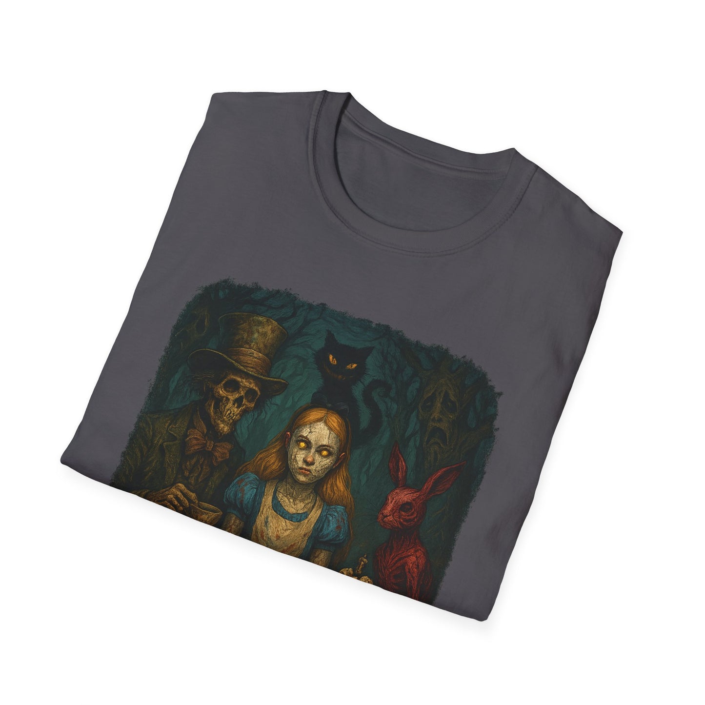Printify creepy Alice in Wonderland t-shirt featuring a dark eerie illustration of characters on a gray shirt