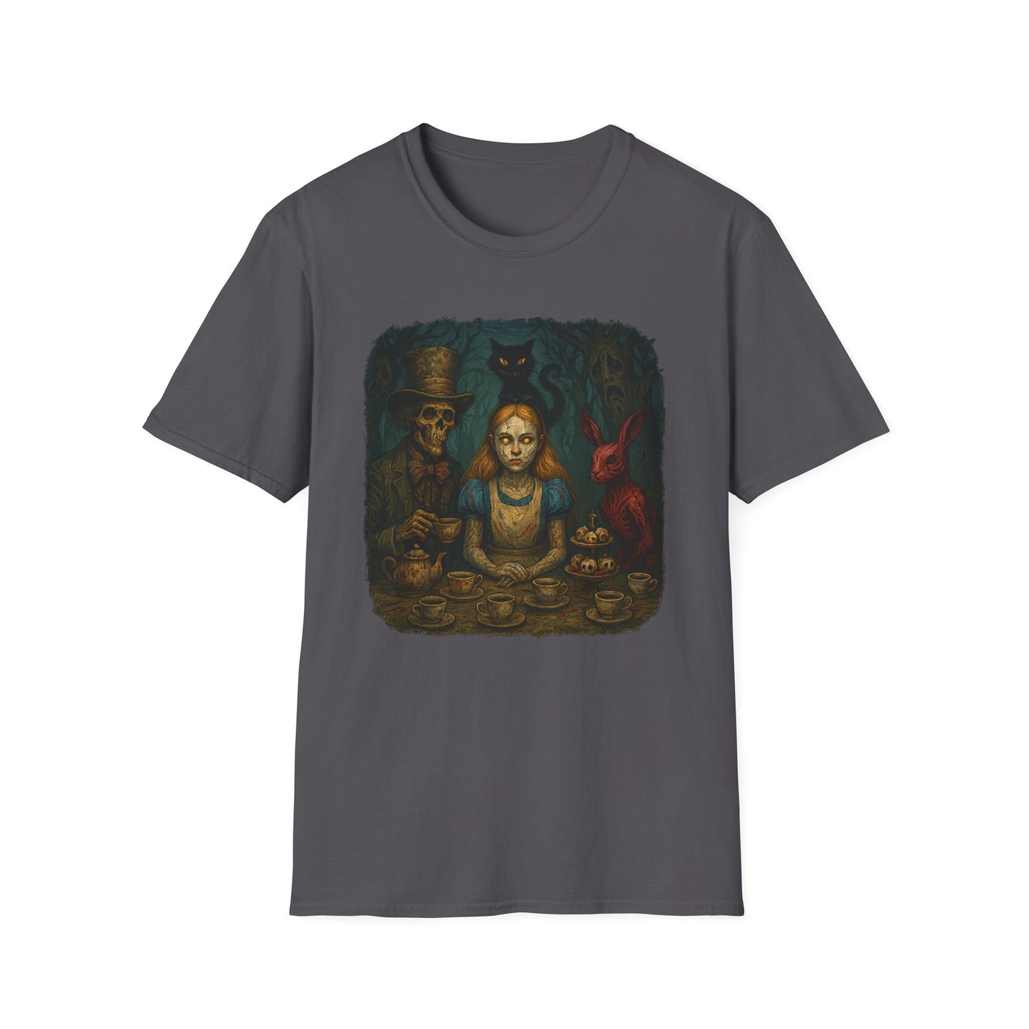 Printify creepy Alice in Wonderland t-shirt with dark, eerie tea party graphic on gray fabric