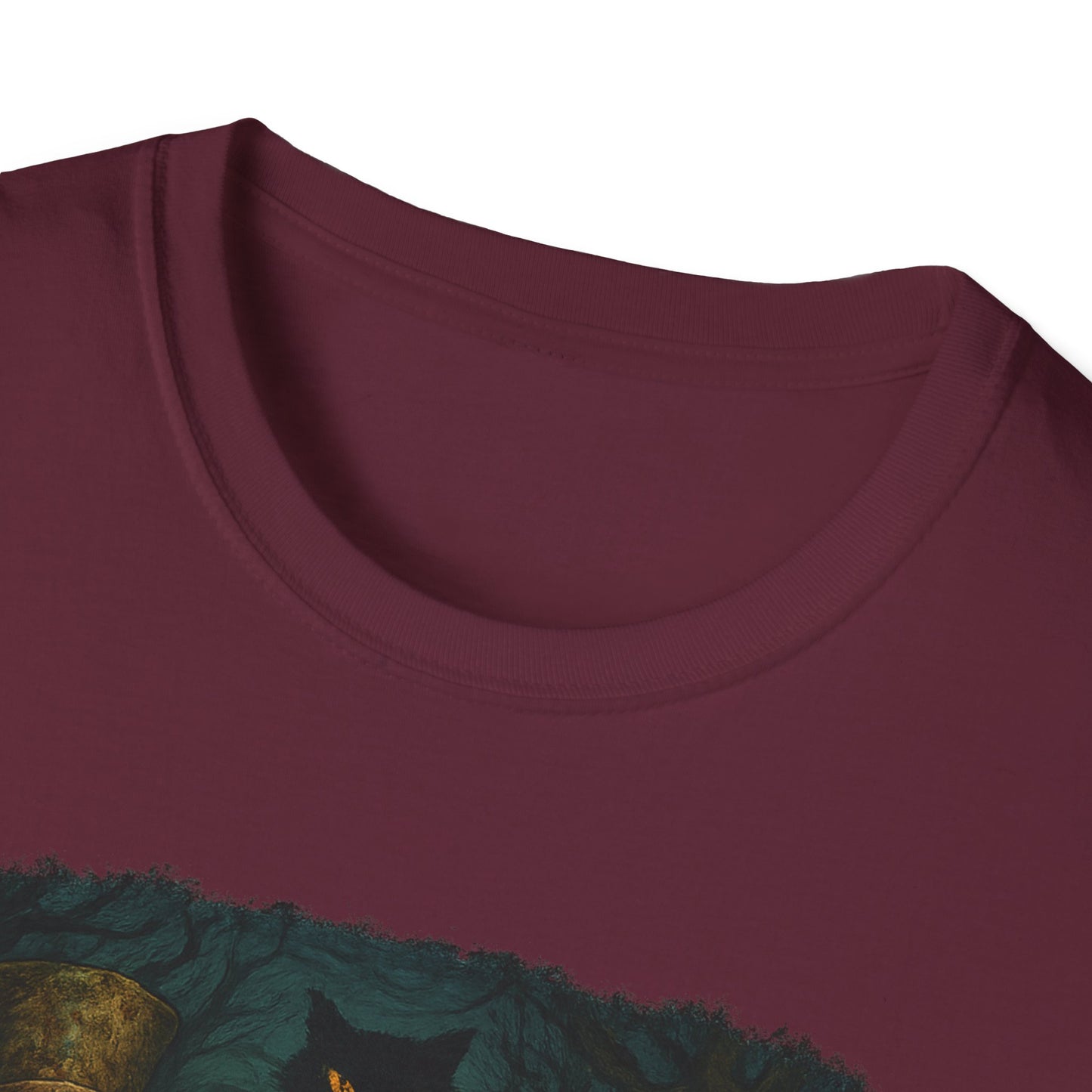 Close-up of maroon creepy Alice in Wonderland t-shirt collar and partial graphic print by Printify