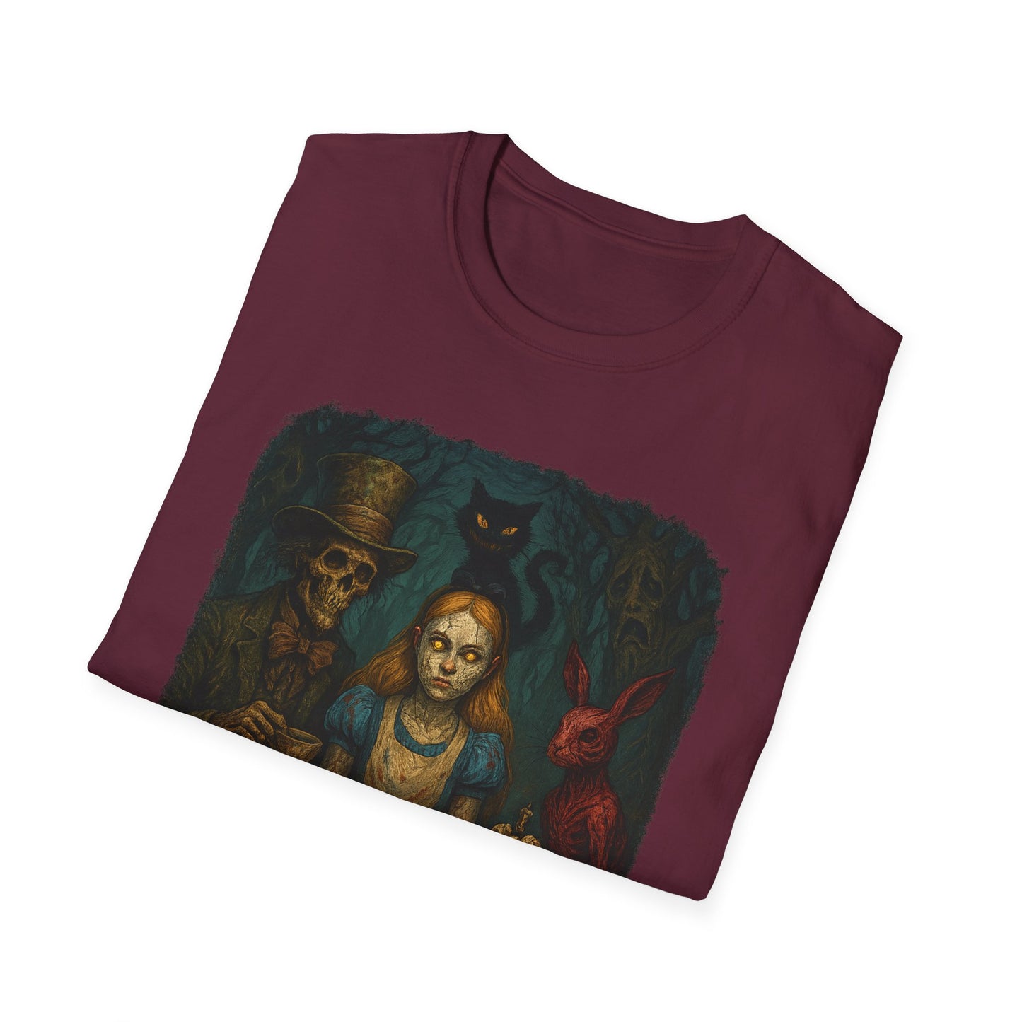 Maroon creepy Alice in Wonderland t-shirt by Printify featuring eerie characters and dark spooky design
