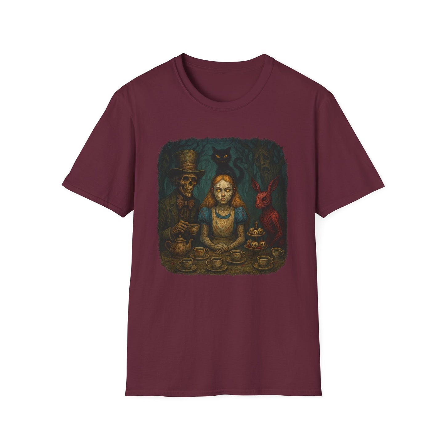 Maroon Printify creepy Alice in Wonderland t-shirt featuring eerie Alice with dark characters at a tea party