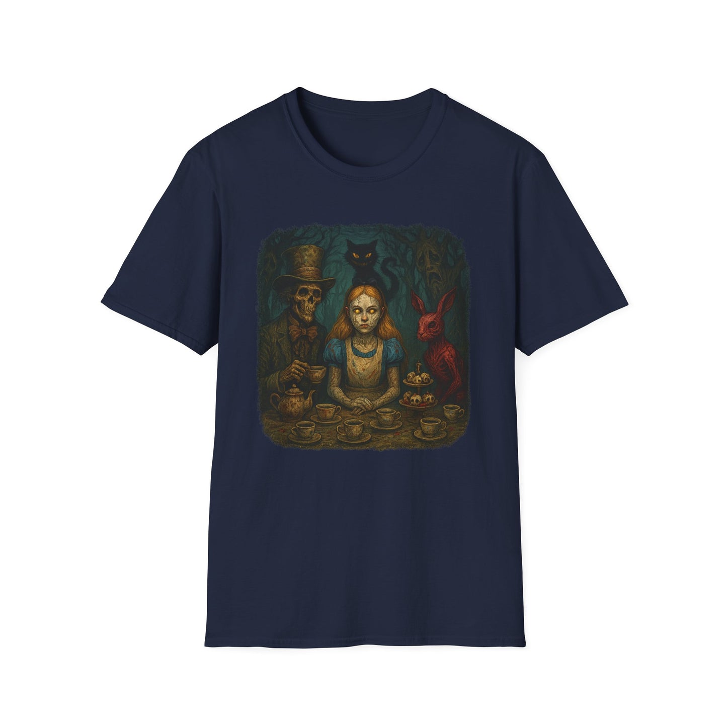Navy Printify creepy Alice in Wonderland t-shirt featuring dark, eerie tea party design