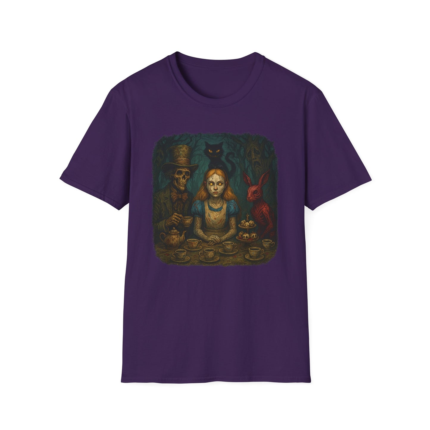 Purple creepy Alice in Wonderland t-shirt featuring dark themed characters at a tea party