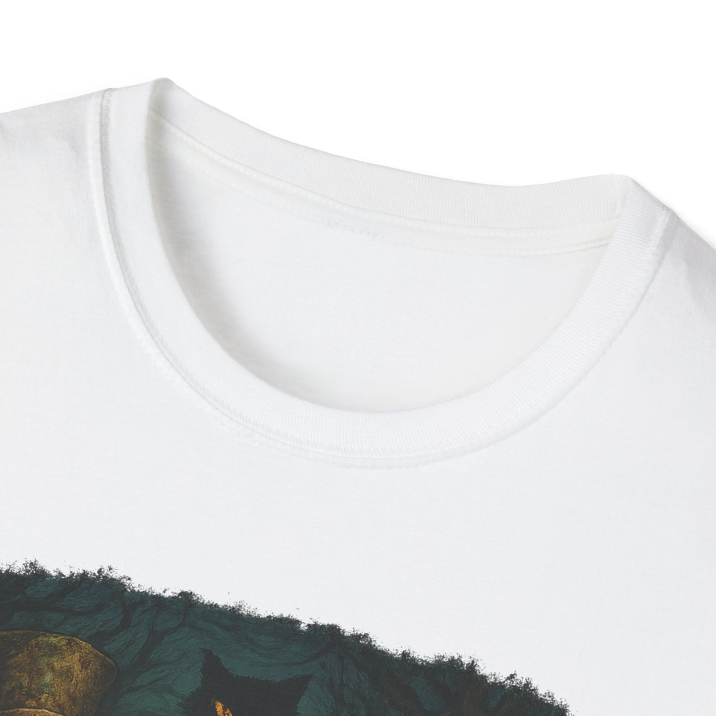 Close-up of white Printify creepy Alice in Wonderland t-shirt featuring dark and eerie design