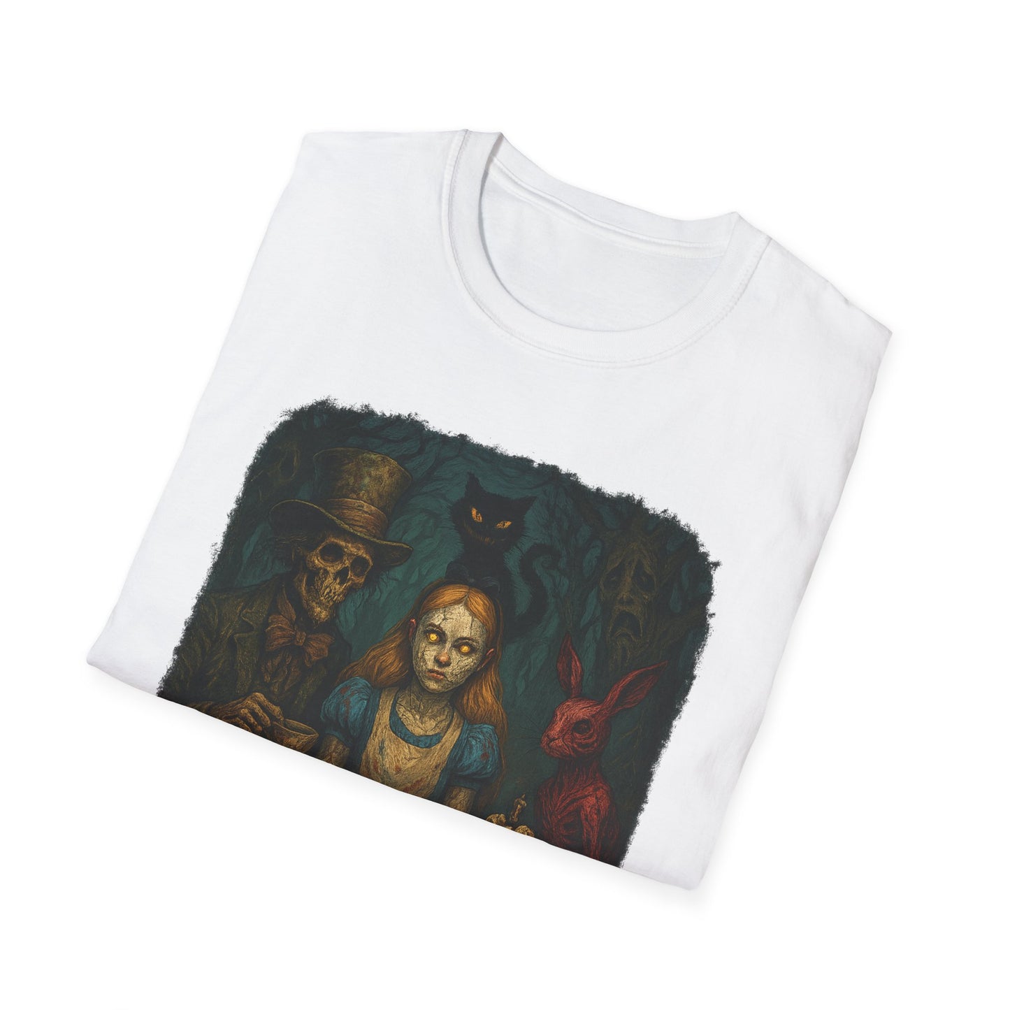 White Printify t-shirt featuring a creepy Alice in Wonderland t-shirt design with dark eerie characters