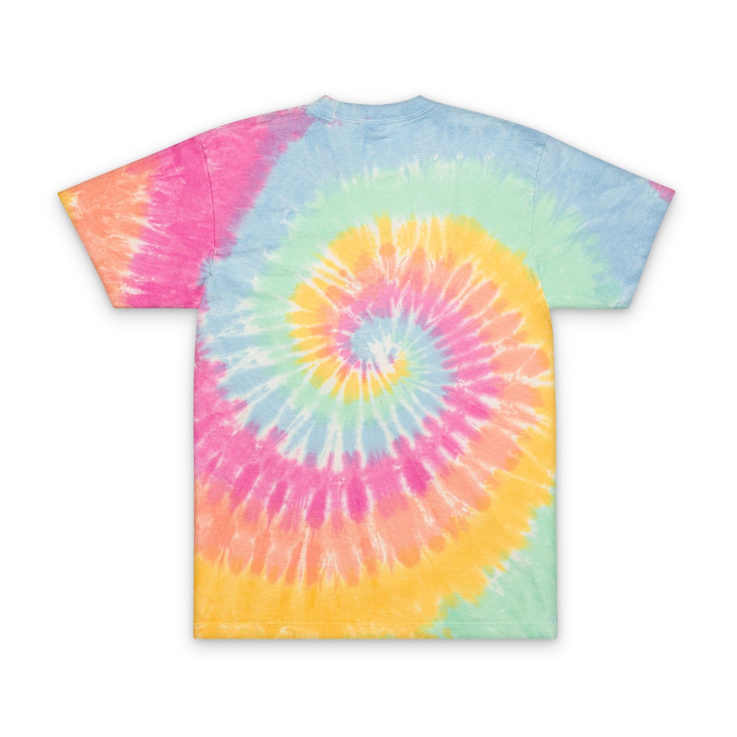 Back view of a Printify embroidered tie-dye t-shirt in pastel pink yellow blue and green spiral design