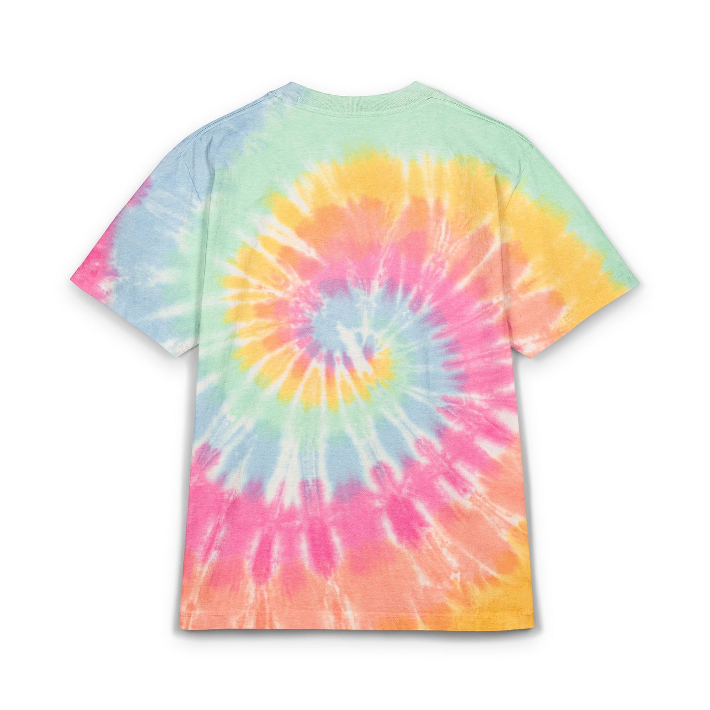Printify embroidered tie-dye t-shirt with colorful spiral pattern in pastel shades